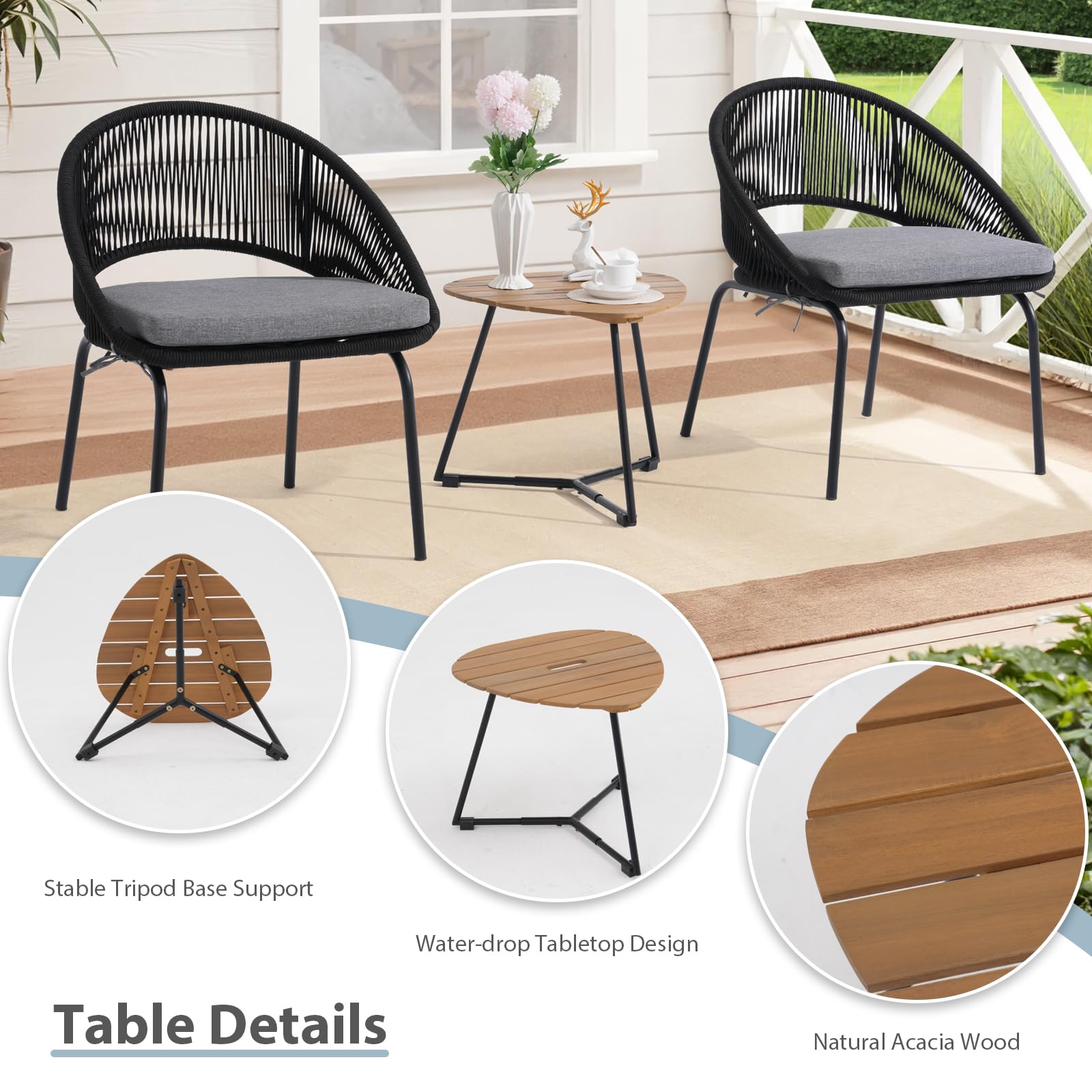 Yangming 3-Piece Outdoor Patio Furniture Set - Woven Rope Bistro Chairs with Wood Coffee Table for Garden, Backyard, Deck, Poolside & Balcony | Perfect for Relaxing, Entertaining & Outdoor Dining