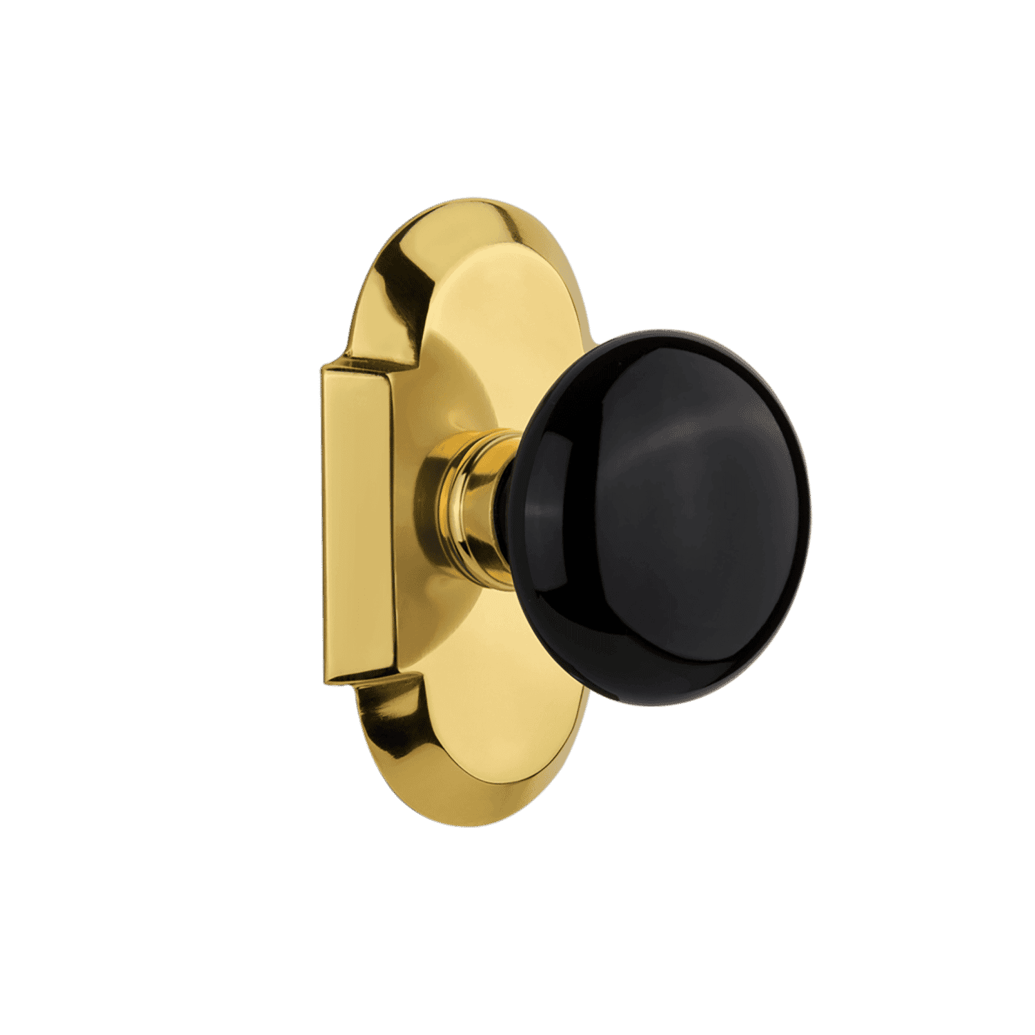 Vintage Cottage Short Plate with Black Porcelain Knob in Polished Brass - Elegant Cabinet Hardware for Kitchen, Bathroom & Furniture Restoration