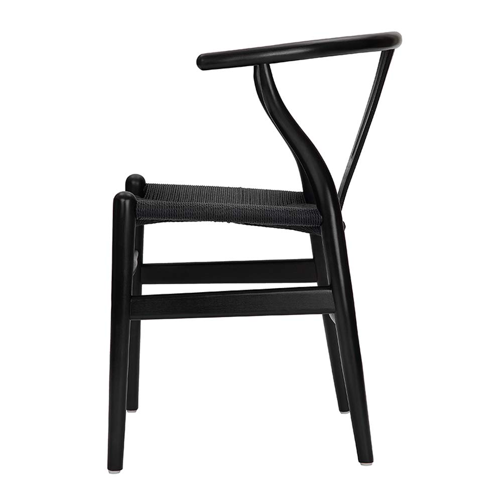 Wishbone Chair Set of 2 - Solid Ash Wood Armrest with Woven Seat - Modern Black Dining Chairs for Kitchen, Restaurant & Home Decor - Scandinavian Design Y-Back Chairs