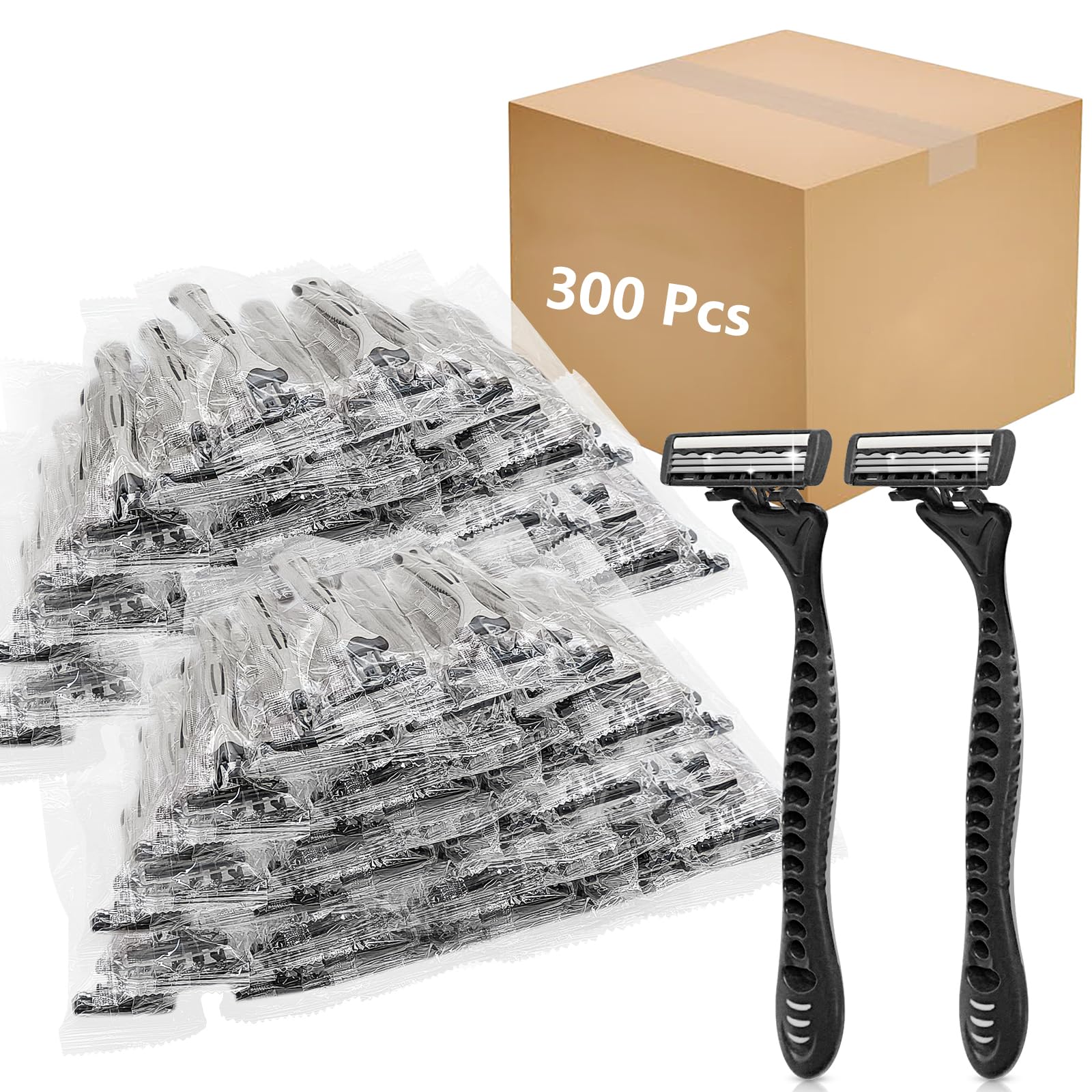300 Pack Kheoxusa 3-Blade Disposable Razors - Individually Wrapped, Triple Blade Shaving Razors for Men & Women - Perfect for Travel, Hotels, Airbnb, Tattoo Aftercare & Personal Grooming (Grey Black)