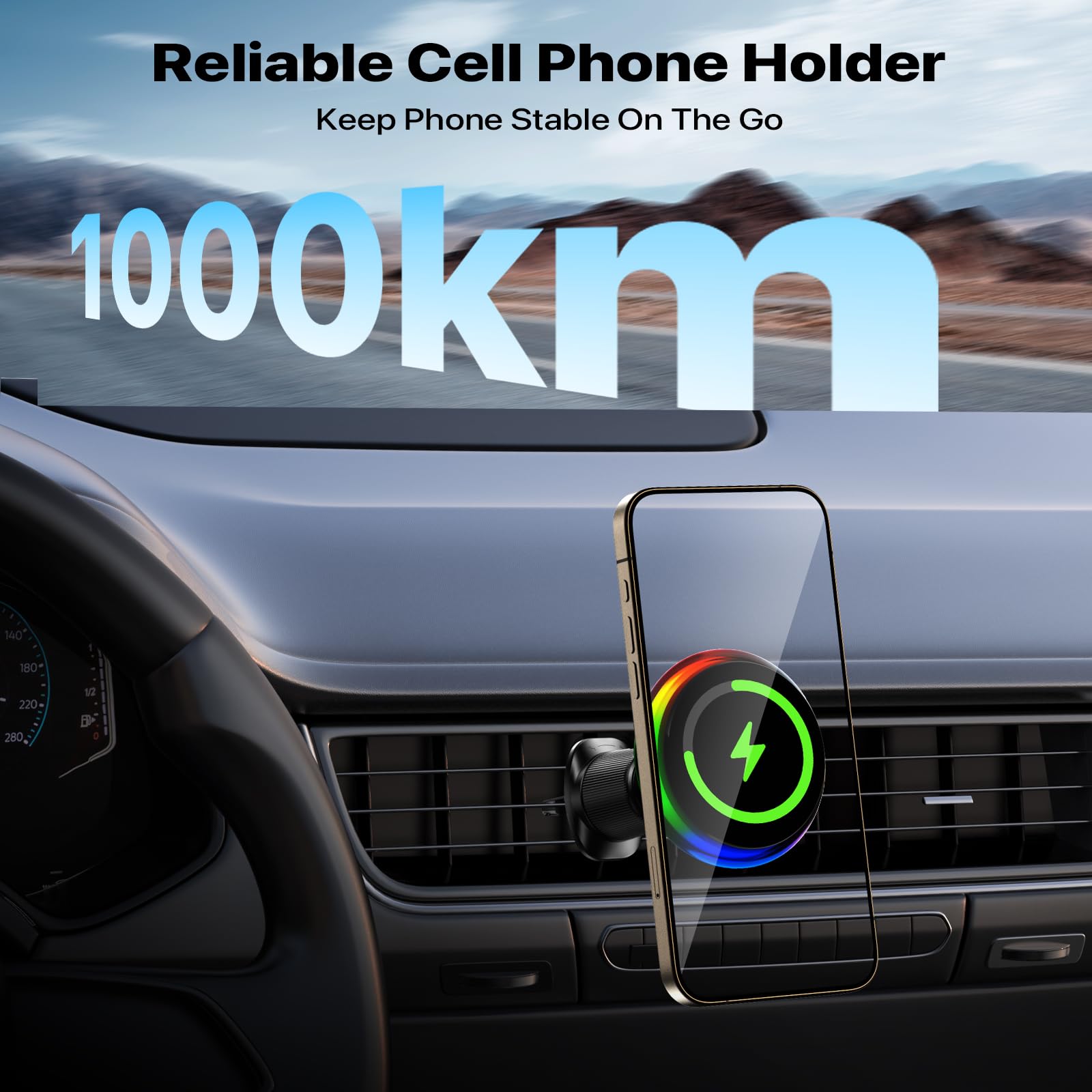 Magnetic Car Vent Mount with 15W Fast Wireless Charging - LED RGB Phone Holder for iPhone 16/15/14/13/12 | Secure Hands-Free Charging Solution for Commuting & Road Trips
