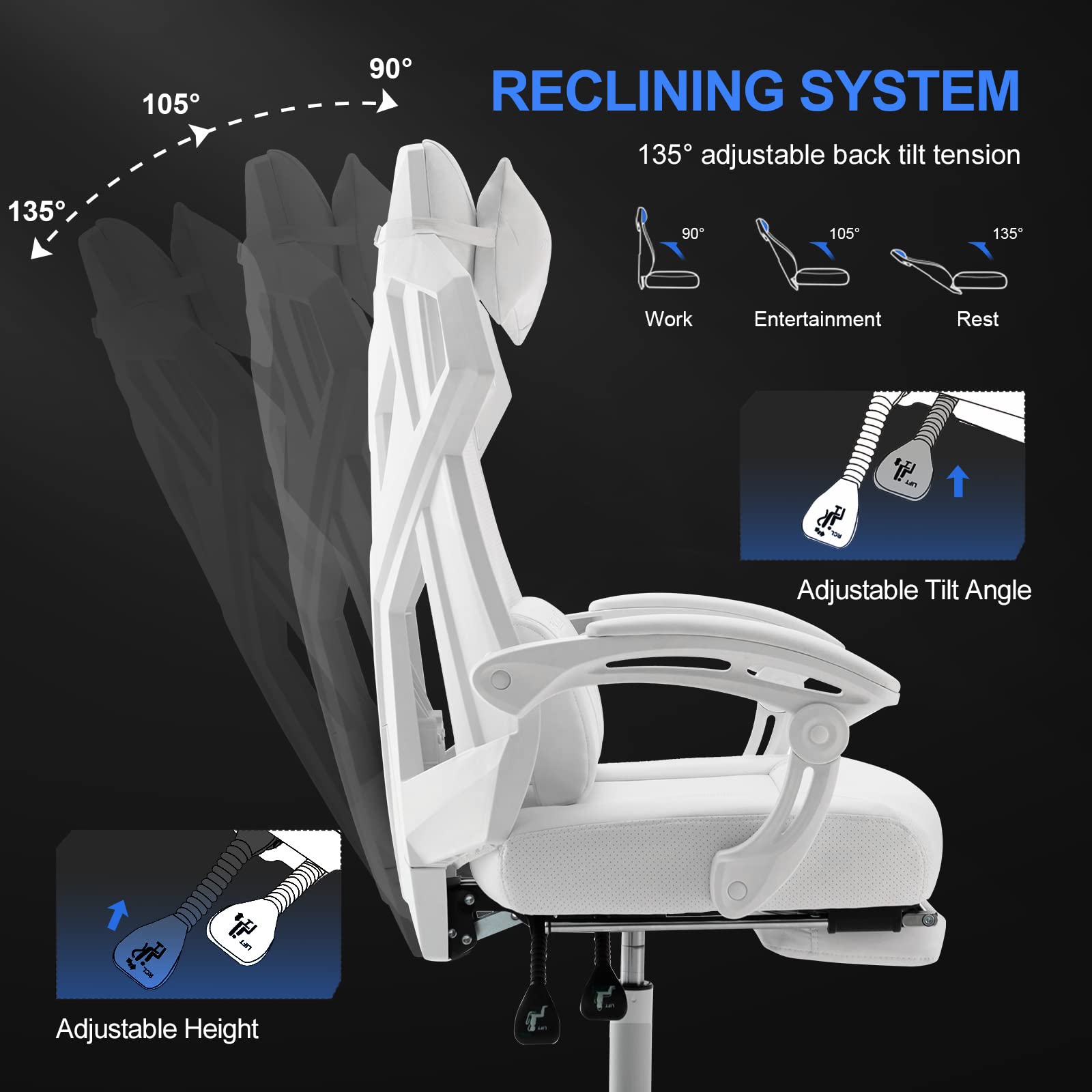 GTRACING Ergonomic Gaming Chair with Mesh Back, Adjustable Headrest & Lumbar Support, Reclining Computer Chair with Footrest for Home Office & Esports (White) - Perfect for Long Gaming Sessions & Work from Home Comfort