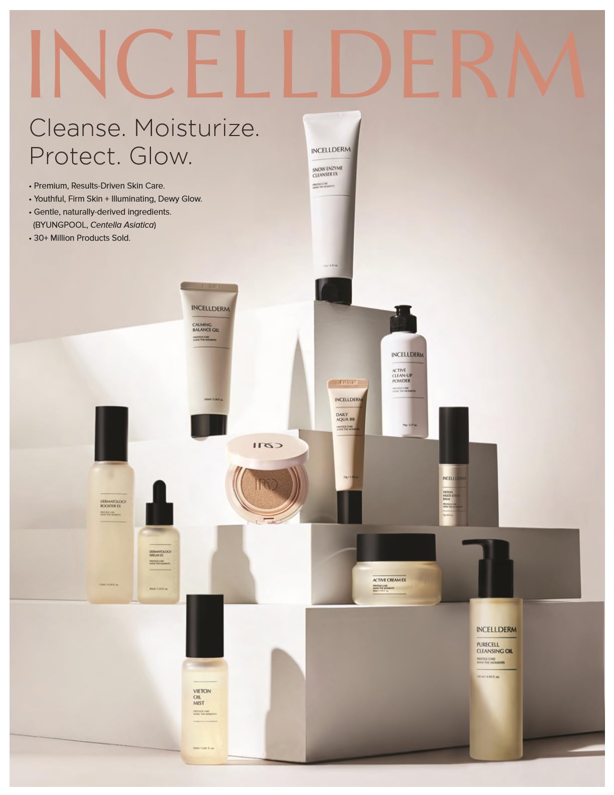 Incellderm Korean Beauty Skin Care Set: 7-Piece Daily Skin Care Routine Kit - Purecell Cleansing Oil, Active Clean-Up Powder, Vieton Oil Mist, Calming Balance Gel, Dermatology Booster EX, Dermatology Serum EX, Active Cream EX for Hydration, Anti-Aging & Glowing Skin | Perfect for Morning & Night Skincare Rituals