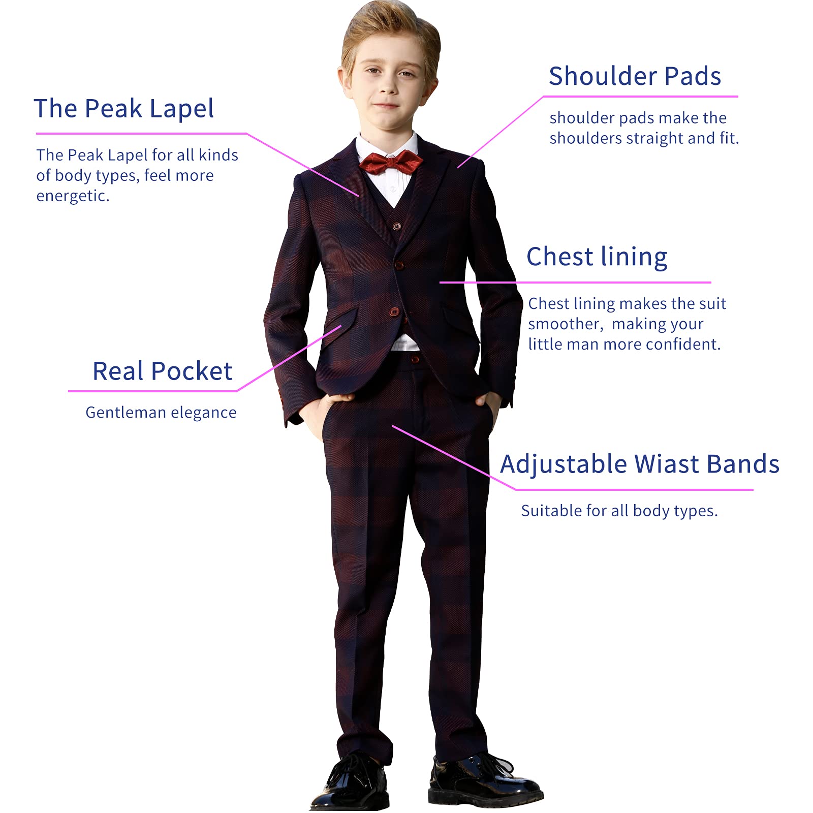ELPA Boys 7-Piece Plaid Suit Set - Slim Fit Formal Wear for Little Kids & Big Youth - Perfect for Weddings, Parties, and Special Occasions