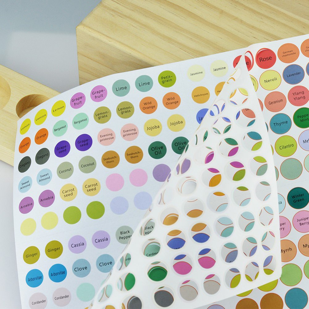 Frcool Essential Oil Labels - 5 Sheets for Bottle Caps & Jars - DIY Aromatherapy