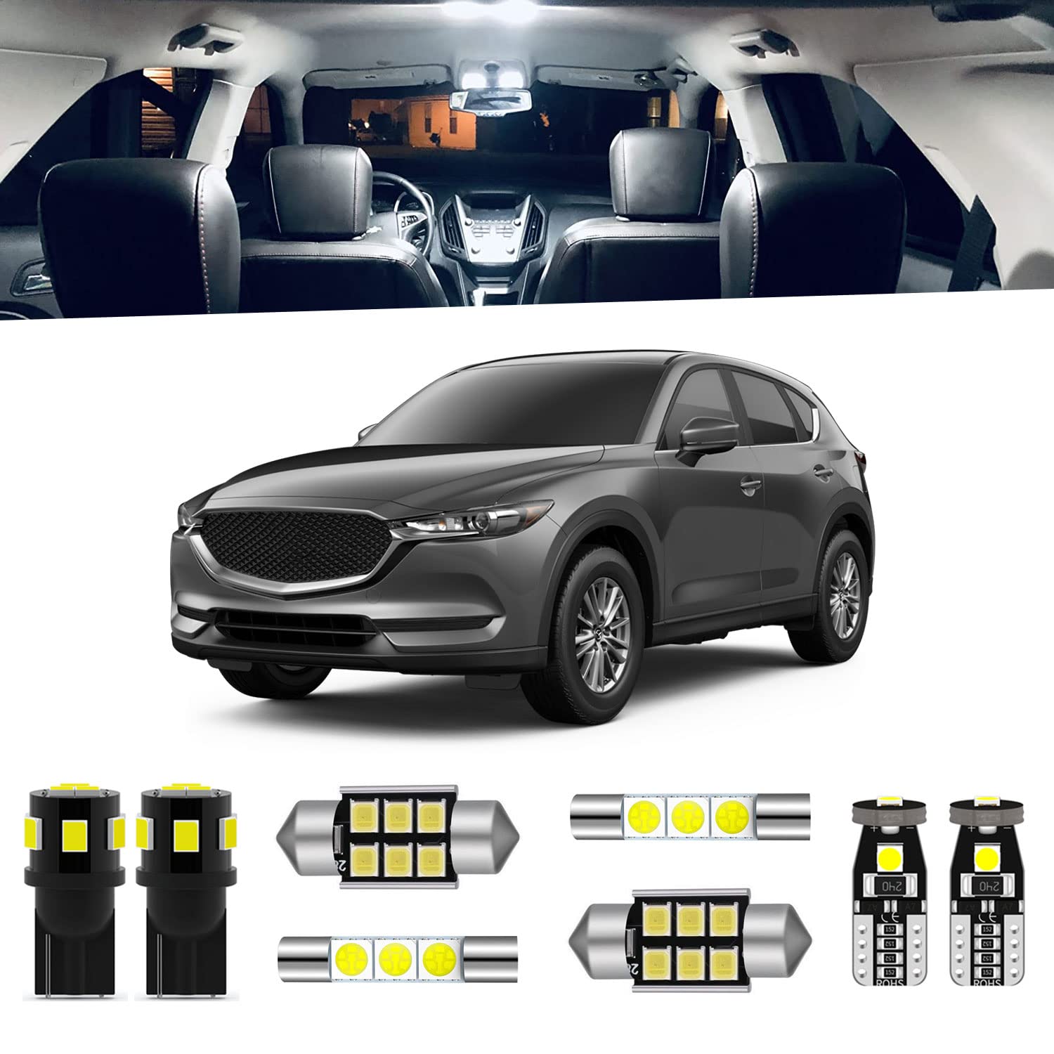 9-Piece CX5 LED Interior Light Kit for Mazda CX-5 2013-2021 - White 6000K LED Bulbs with License Plate Lights & Install Tool - Upgrade Cabin, Trunk, Map & Dome Lighting for Better Visibility at Night