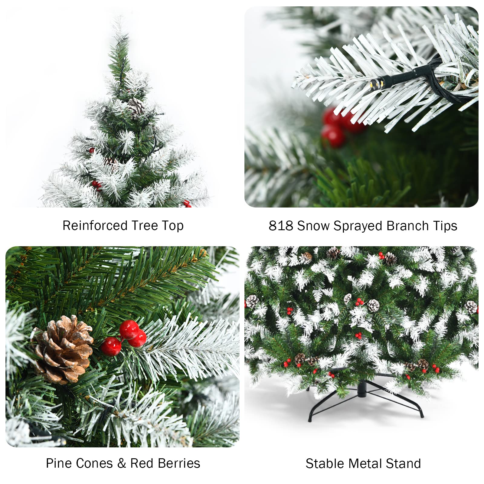 GOFLAME 6ft Pre-Lit Snow Flocked Artificial Christmas Tree with 250 Warm White LED Lights, 8 Lighting Modes, Hinged Branches & Sturdy Metal Stand - Perfect for Living Room, Office, and Holiday Festival Indoor Decorations