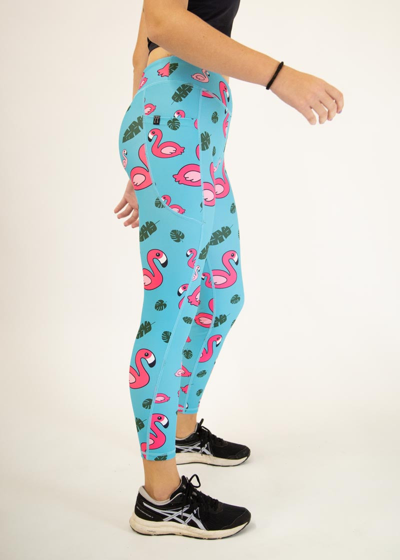 Women's Blue Flamingo Print Yoga Leggings - High Waisted Stretchy Workout Pants for Running, Gym & Lounge Wear