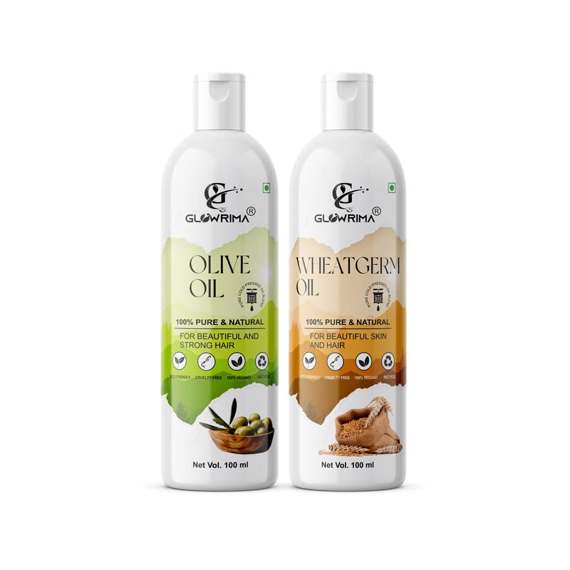 Glowrima 100% Pure Olive Oil & Wheat Germ Oil Combo (100ML Each) - Rapid Hair Growth, Anti Hair Fall, Split Ends Treatment for Softer & Shinier Hair - Pack of 2 - Perfect for Daily Hair Care & Scalp Massage
