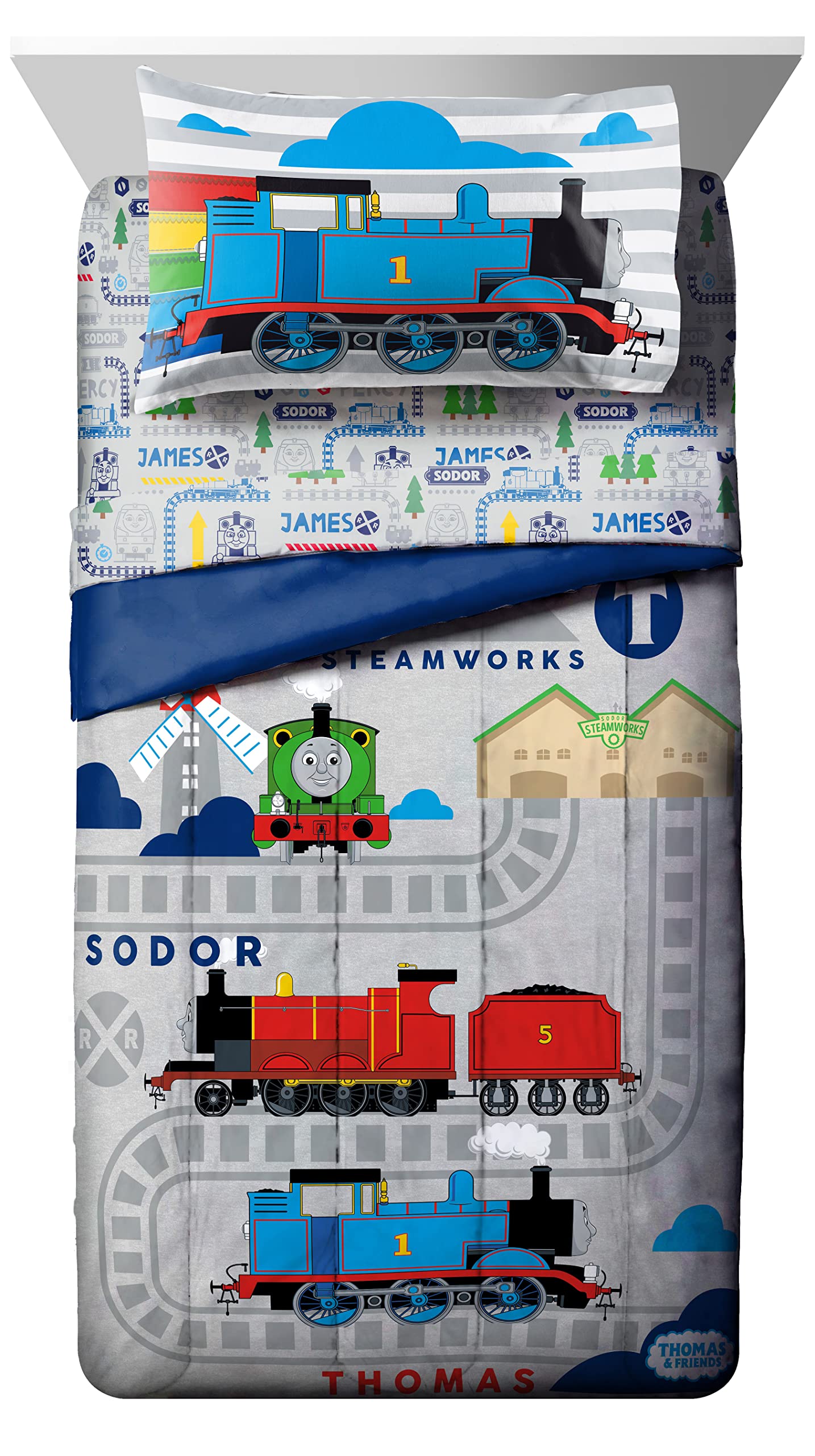 Jay Franco Thomas & Friends Rail Run 4-Piece Toddler Bedding Set - Super Soft Fade Resistant Microfiber Comforter & Sheet Set - Official Mattel Licensed Product for Kids' Room Decor & Nursery Bedding