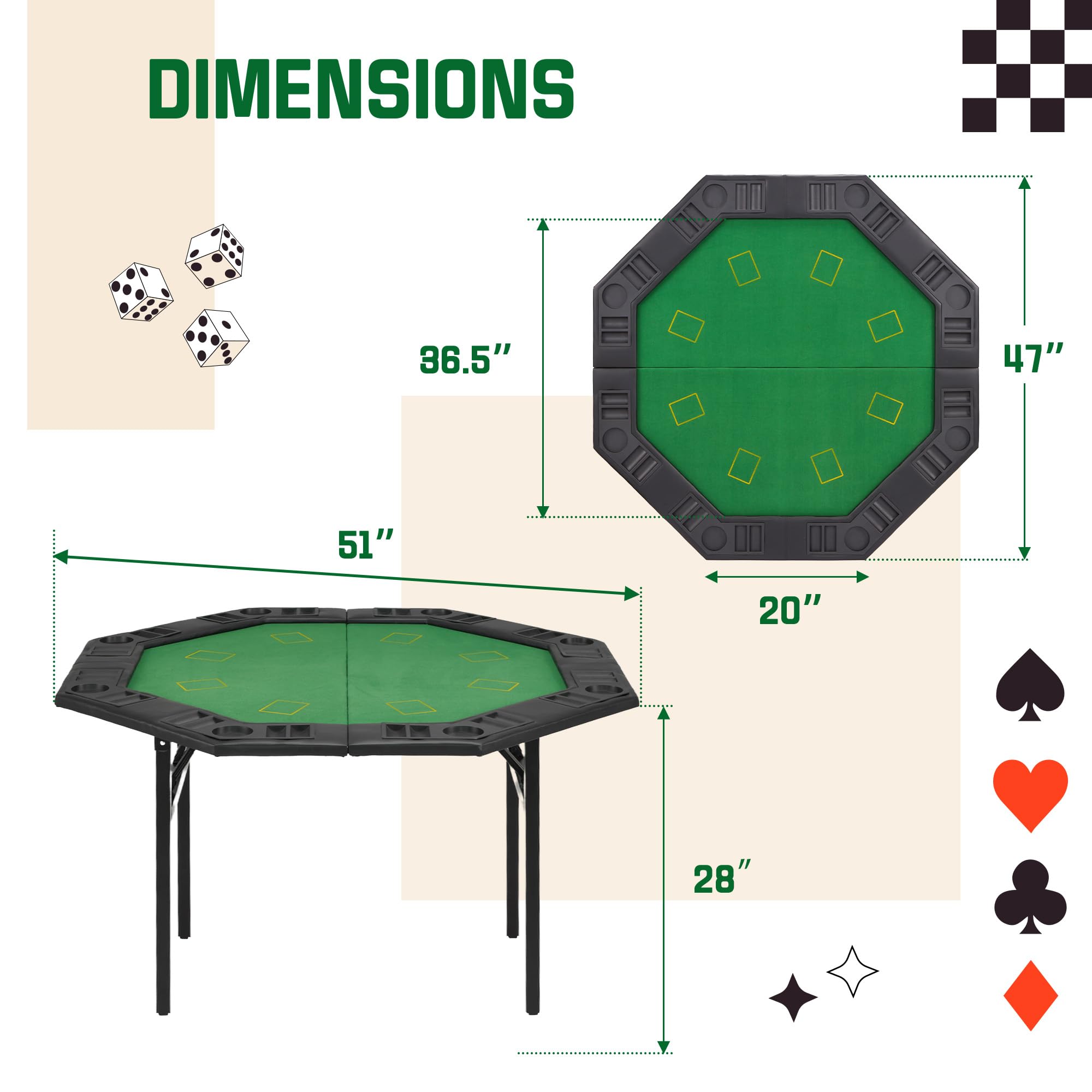 ECOTOUGE Foldable Poker Table - 8 Player Octagon Texas Holdem Poker Table with Chip Trays & Collapsible Legs | Portable Casino Game Table for Blackjack, Poker Nights & Home Entertainment | Easy Assembly, Green