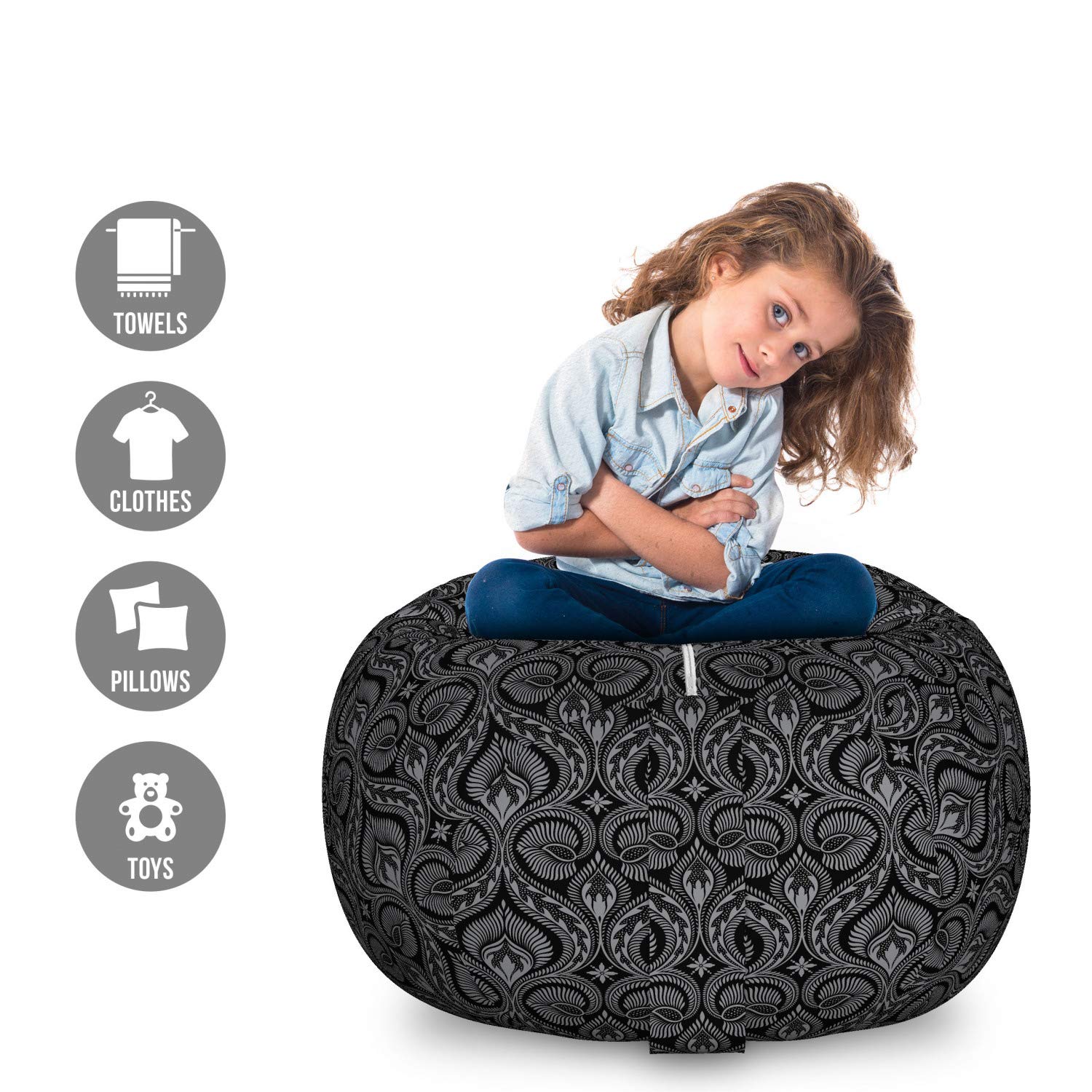 Ambesonne Renaissance Storage Toy Bag Chair - Large Washable Stuffed Animal Organizer with Victorian Damask & Boho Oriental Leaf Pattern, Black & Grey - Perfect for Kids' Room, Nursery, or Playroom Storage