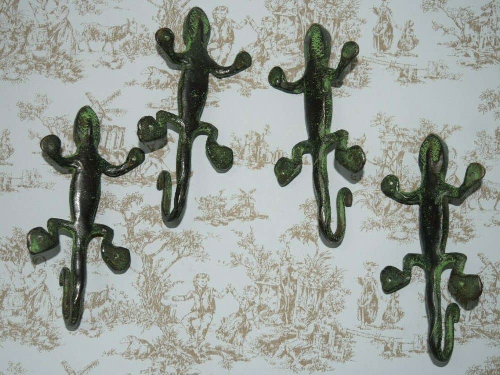 Brass Lizard Wall Hooks Set of 4 - Reptile Key Holder for Home Decor