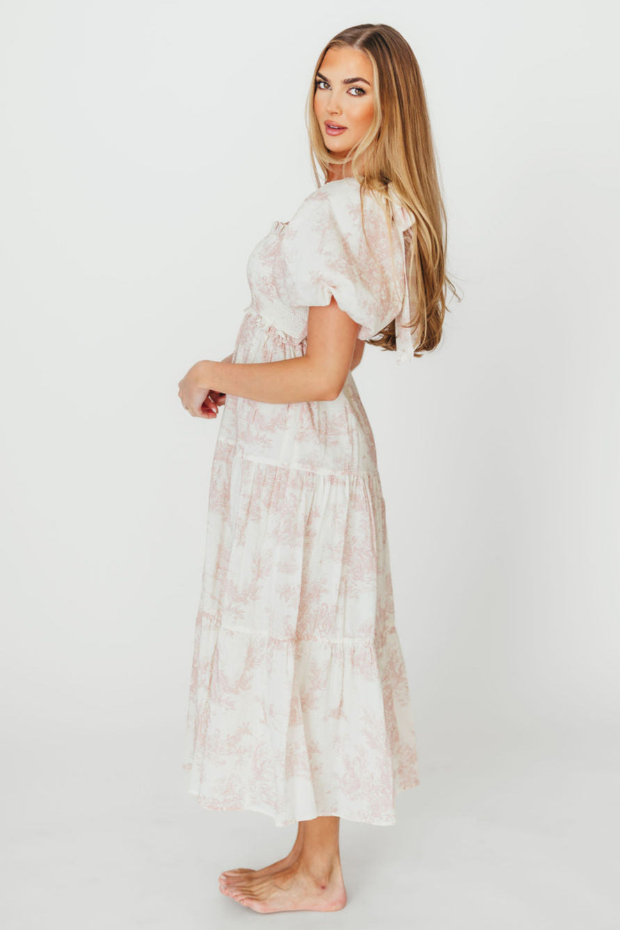 Elena 100% Cotton Toile Print Smocked Midi Dress - Bump Friendly Maternity Dress in Pink | Perfect for Baby Showers, Summer Weddings & Casual Outings *PRE ORDER*
