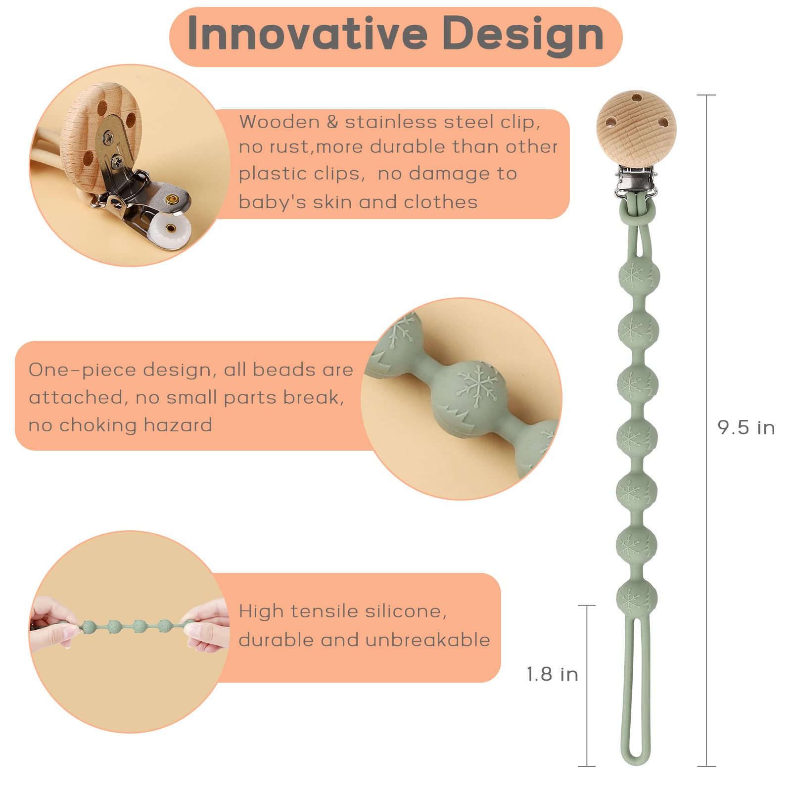 BPA-Free Silicone Pacifier Clips (2 Pack) - Safe One-Piece Design for Babies 3+ Months - Universal Fit for Most Pacifiers & Teethers - Perfect Baby Shower Gift (Sage & Ether) - Ideal for On-the-Go, Daycare & Travel Use