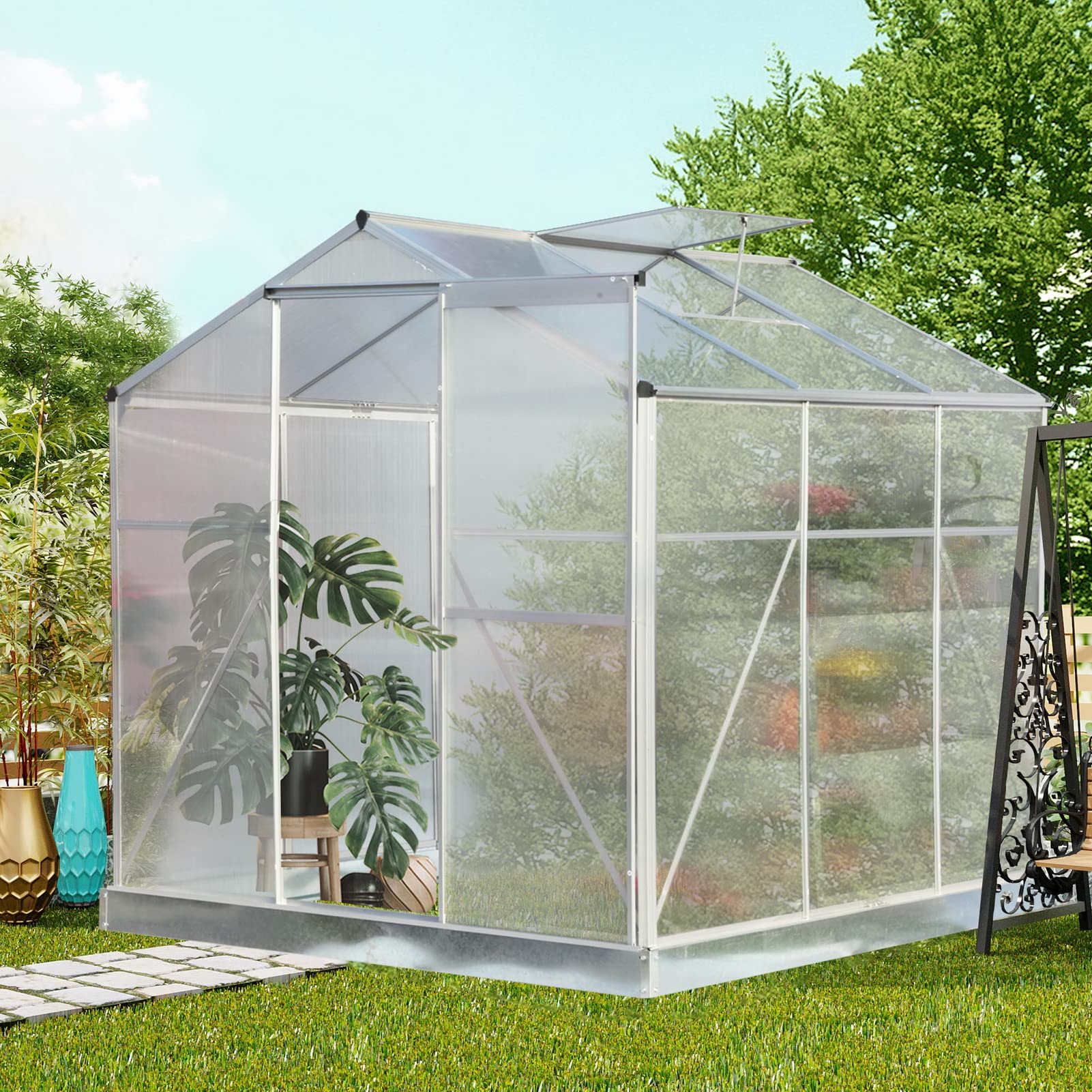 **WIILAYOK Outdoor Greenhouse - Polycarbonate Walk-in Garden Greenhouse with Sliding Door, Adjustable Roof Vent & Rain Gutter - Ideal for Growing Plants, Seedlings, and Herbs - Perfect for Backyards, Patios, and Gardening Enthusiasts**