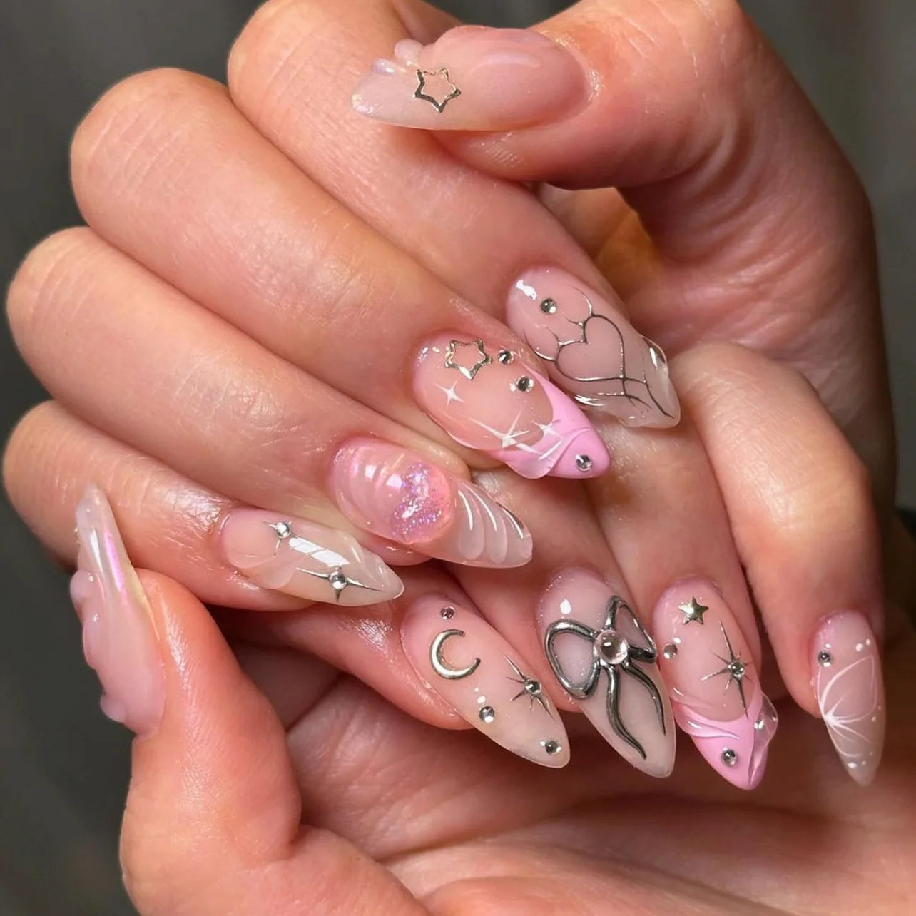 24Pcs Glitter Gradient Love Fake Nails - Short Almond French Design Press on Nails for Valentine's Day, Party, Wedding, Prom | Pink False Nails for Sweet Girls & Women | Easy to Apply, Reusable Artificial Nails