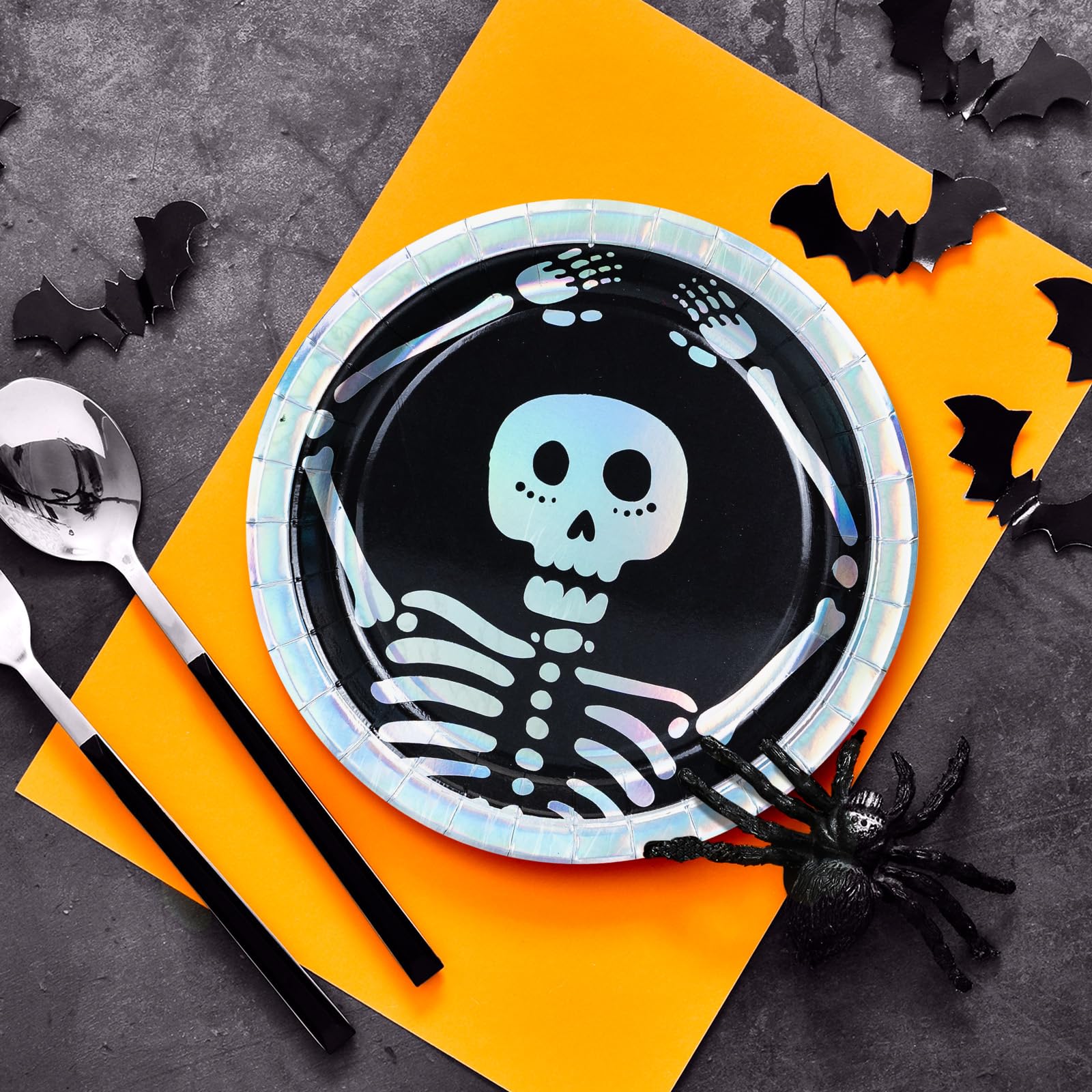 Halloween Paper Plates 50 Count - Disposable Halloween Dinner Plates with Skeleton & Iridescent Silver Foil Design - Perfect for Halloween Party Decorations, Trick or Treat Gatherings, and Spooky Themed Events