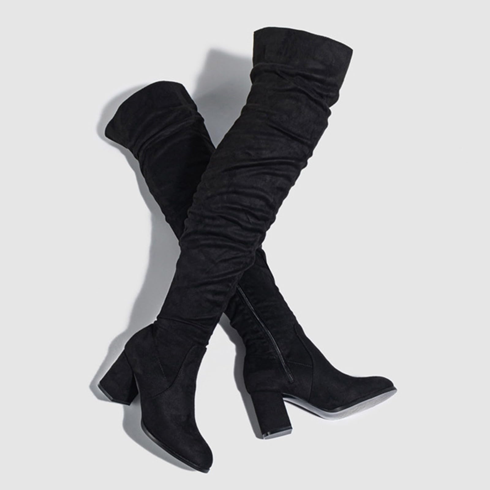 Women's Black Platform Knee High Boots - Thick Heel Over Knee Pleated Suede Long Boots & White Ankle Trainers (UK Size 5) | Fashionable Footwear for Parties, Night Out and Winter Style