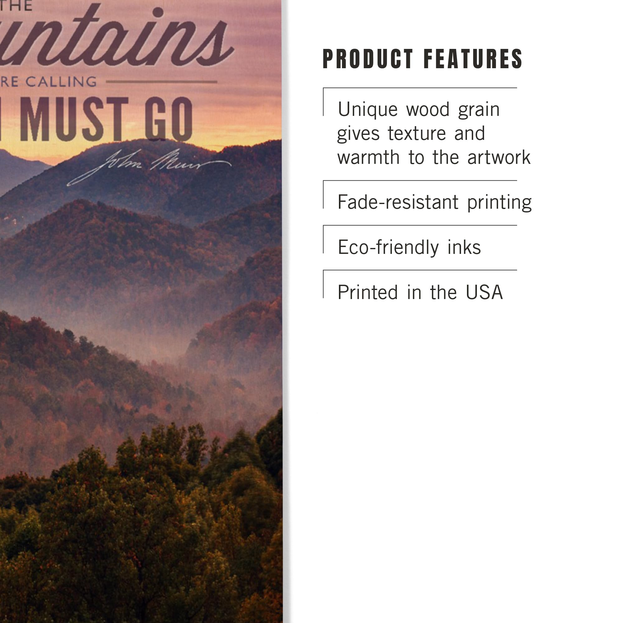Lantern Press 12x18 Inch Premium Wood Wall Decor Sign - Blue Ridge Mountains John Muir Quote 'The Mountains Are Calling' Sunset Art - Ready to Hang Rustic Home, Cabin & Office Decor for Nature Lovers