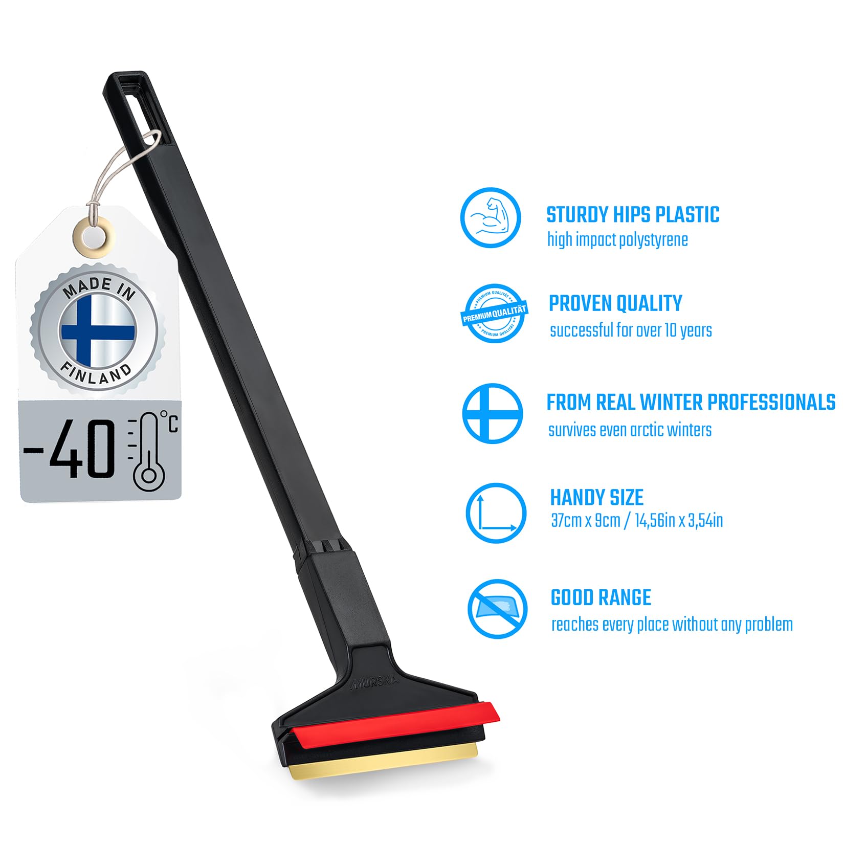 Premium 14.5 Inch Car Ice Scraper with Brass Blade & Long Handle - Heavy Duty Snow Scraper for Windshield - Original Murska European Design (Black & Red) - Perfect for Winter Car Care & Frozen Windshield Removal