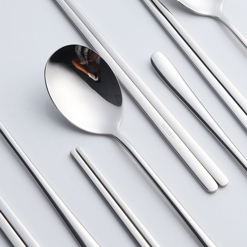 Premium 4-Piece Korean Stainless Steel Chopsticks & Spoon Set - Reusable Silver Metal Cutlery for Asian Dining | Perfect for Home, Restaurants & Gifting