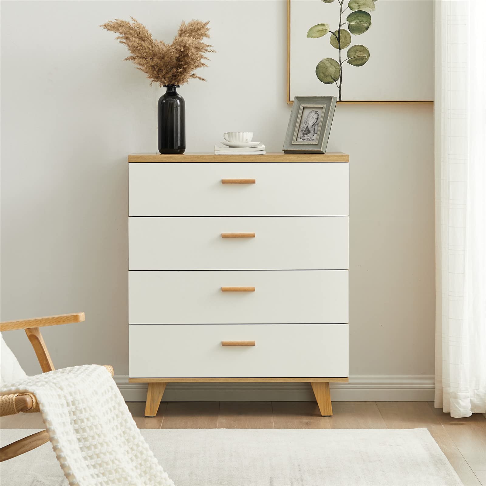 Modern White Wood 4-Drawer Chest with Solid Wood Feet & Handles - Bedroom Dresser, Nightstand, Living Room Storage Cabinet for Closet, Entryway & Hallway Organization
