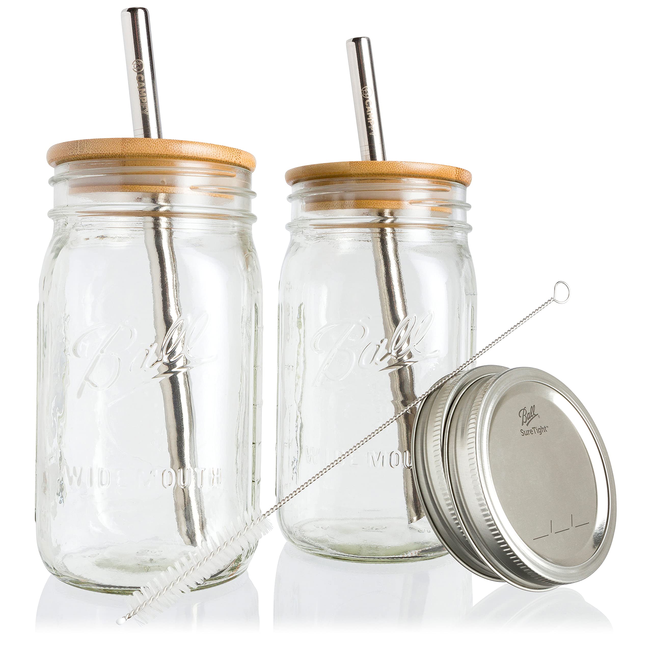Eco-Friendly Reusable Boba Tea Cup Set - 2 Glass Mason Jars 32oz with Bamboo Lids & 2 Angled-Tip Straws - Perfect for Bubble Tea, Smoothies, Iced Coffee & Home Brewing - BPA Free Wide Mouth Drinking Jars for Sustainable Lifestyle
