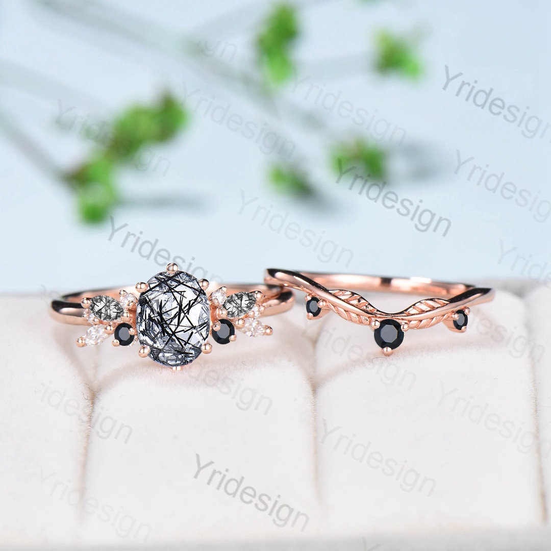 Vintage Rose Gold Black Rutile Quartz Engagement Ring Set - Oval Black Rutilated Crystal Bridal Ring with Spinel, Unique Wedding Gift for Women - Perfect for Proposals, Anniversaries & Special Occasions