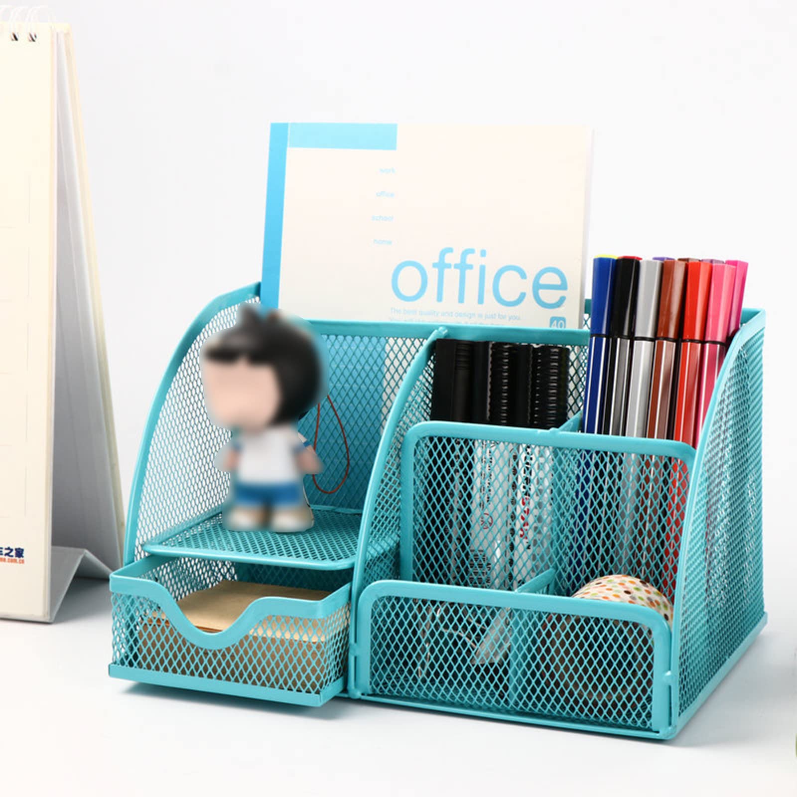 Mesh Pen Holder with 7 Compartments - Desk Organizer for School Office Home Use (Blue)