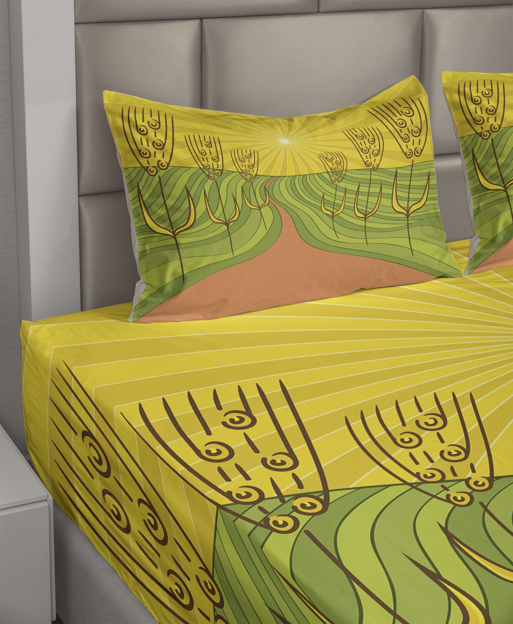 Ambesonne County Farmhouse Sheet Set - 4 Piece King Size Bedding with Agriculture Themed Farmland Design, Starburst Lines & Wheat Motifs in Burnt Sienna Yellow - Perfect for Rustic Bedrooms, Farmhouse Decor & Cozy Countryside Retreats