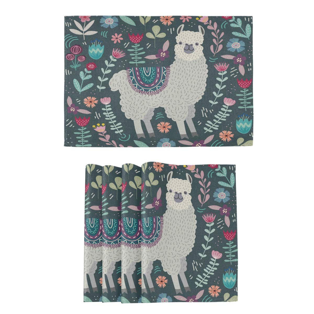 MOYYO Cute Llama Alpaca Floral Placemats - Heat & Stain Resistant Polyester Table Mats, Non-Slip Washable Dining Decor for Kitchen & Dining Tables - Perfect for Everyday Meals, Parties, and Home Decor (1 Piece)