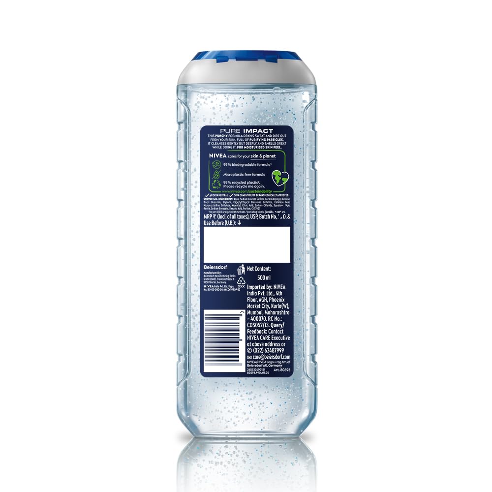 NIVEA MEN Pure Impact Shower Gel 500ml - 3-in-1 Hair Face & Body Wash for Men - Refreshing Daily Shower Gel for Gym, Travel & Active Lifestyle