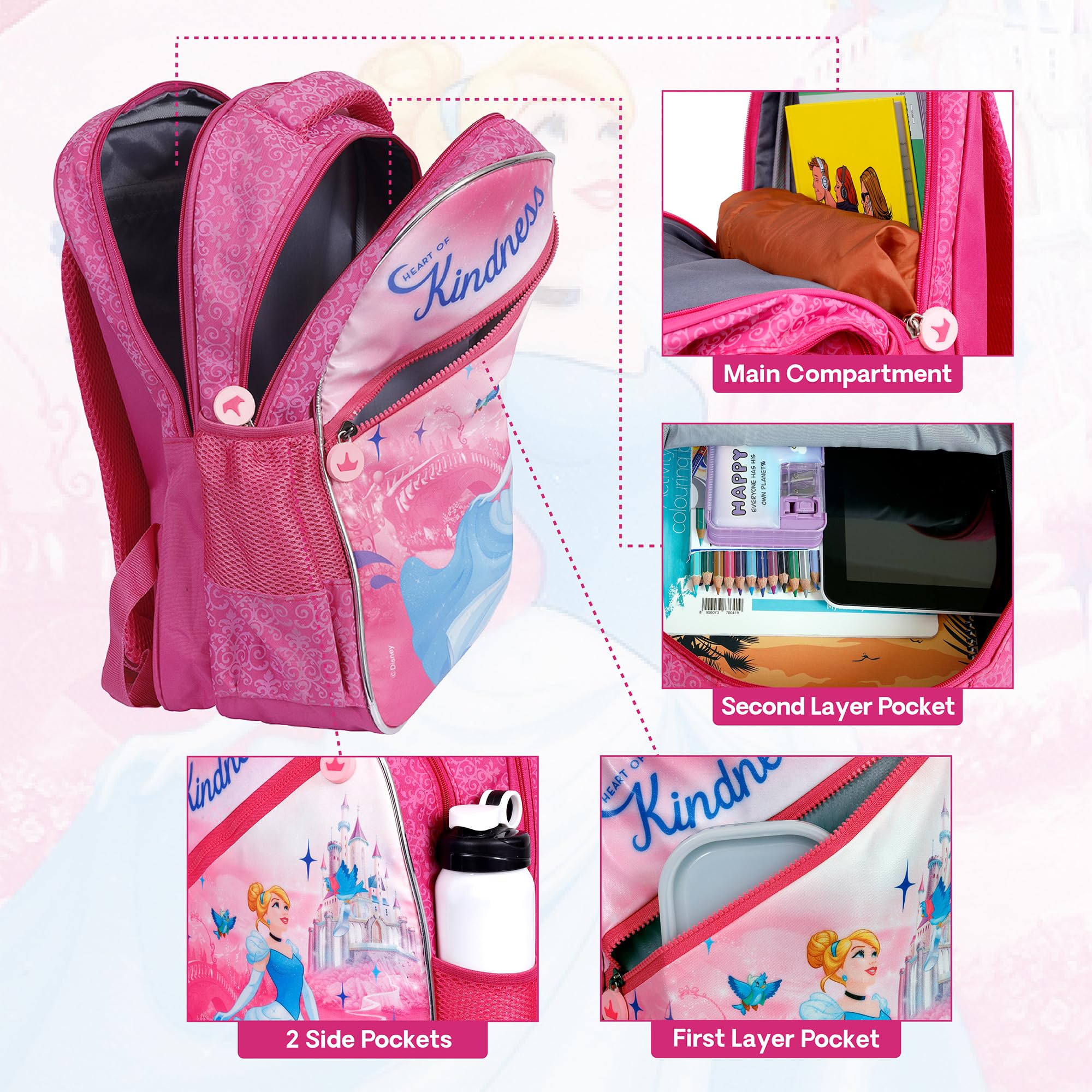 Disney Princess School Bag for Girls - 14 Inch Waterproof Backpack for Travel & Picnic