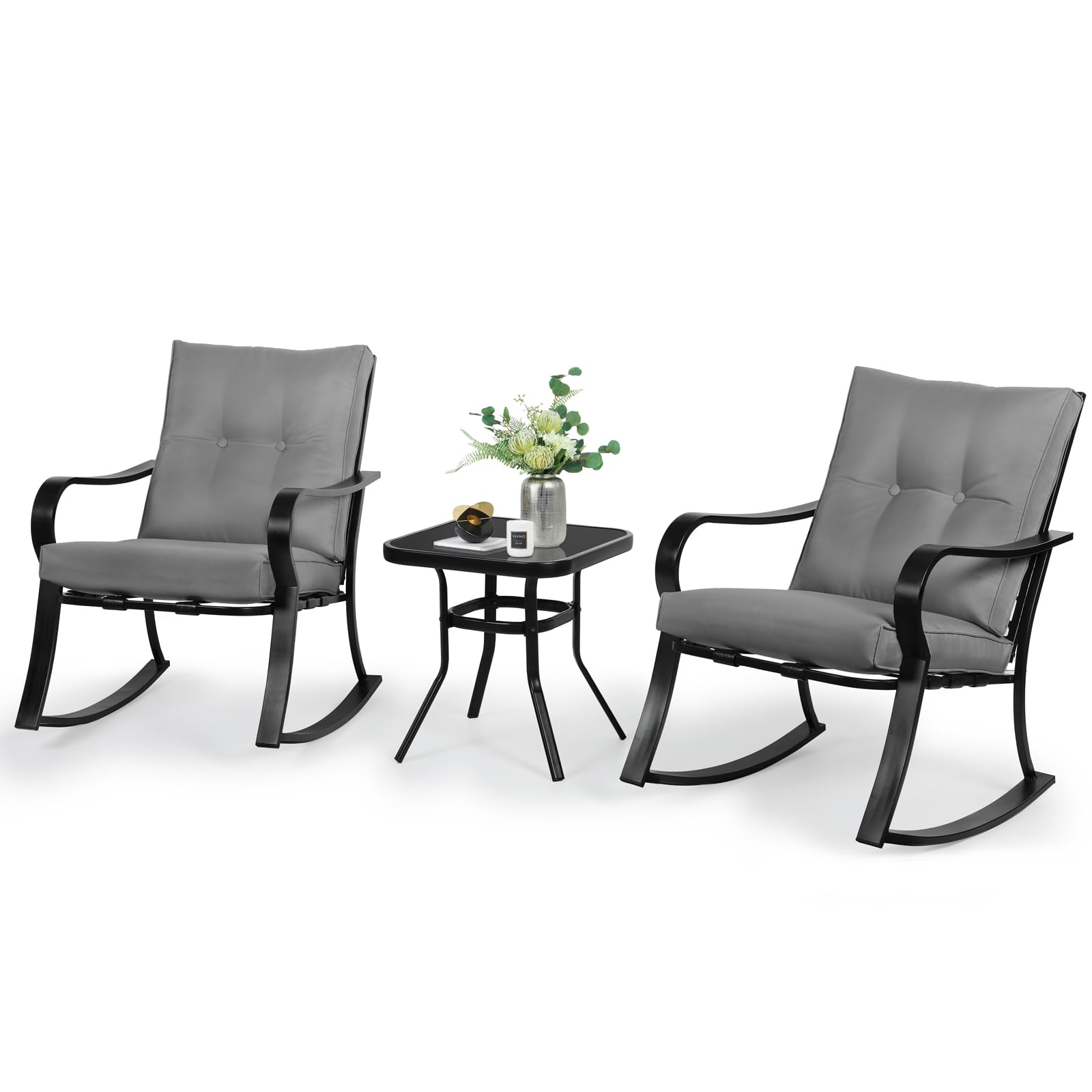 SOLAURA 3-Piece Outdoor Rocking Chair Set with Cushions - Black Iron Patio Bistro Furniture with Gray Thickened Cushions & Glass-Top Coffee Table - Perfect for Garden, Porch, Backyard and Poolside Relaxation