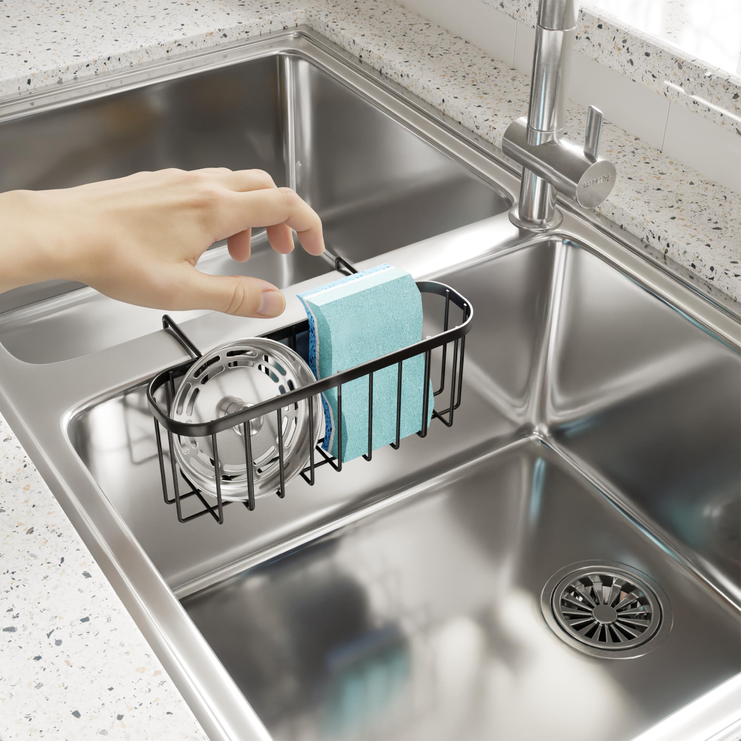 SWTYMIKI Stainless Steel Sponge Holder for Kitchen Sink - Movable Sink Caddy with Partition, Compact Hanging Organizer for Double Bowl Sinks (Black) - Perfect for Keeping Sponges, Brushes & Soap Organized by Sink