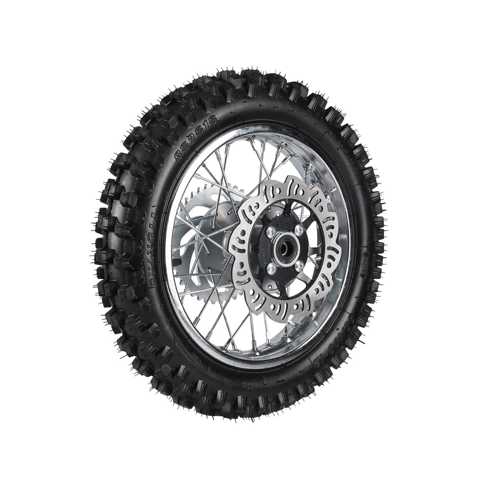 3.00-12 Dirt Pit Bike Rear Wheel Tire Rim with 12mm Bearing, Brake Disc Rotor & Sprocket - Compatible with 80/100-12 Tires | Off-Road, Motocross & Trail Riding Accessories
