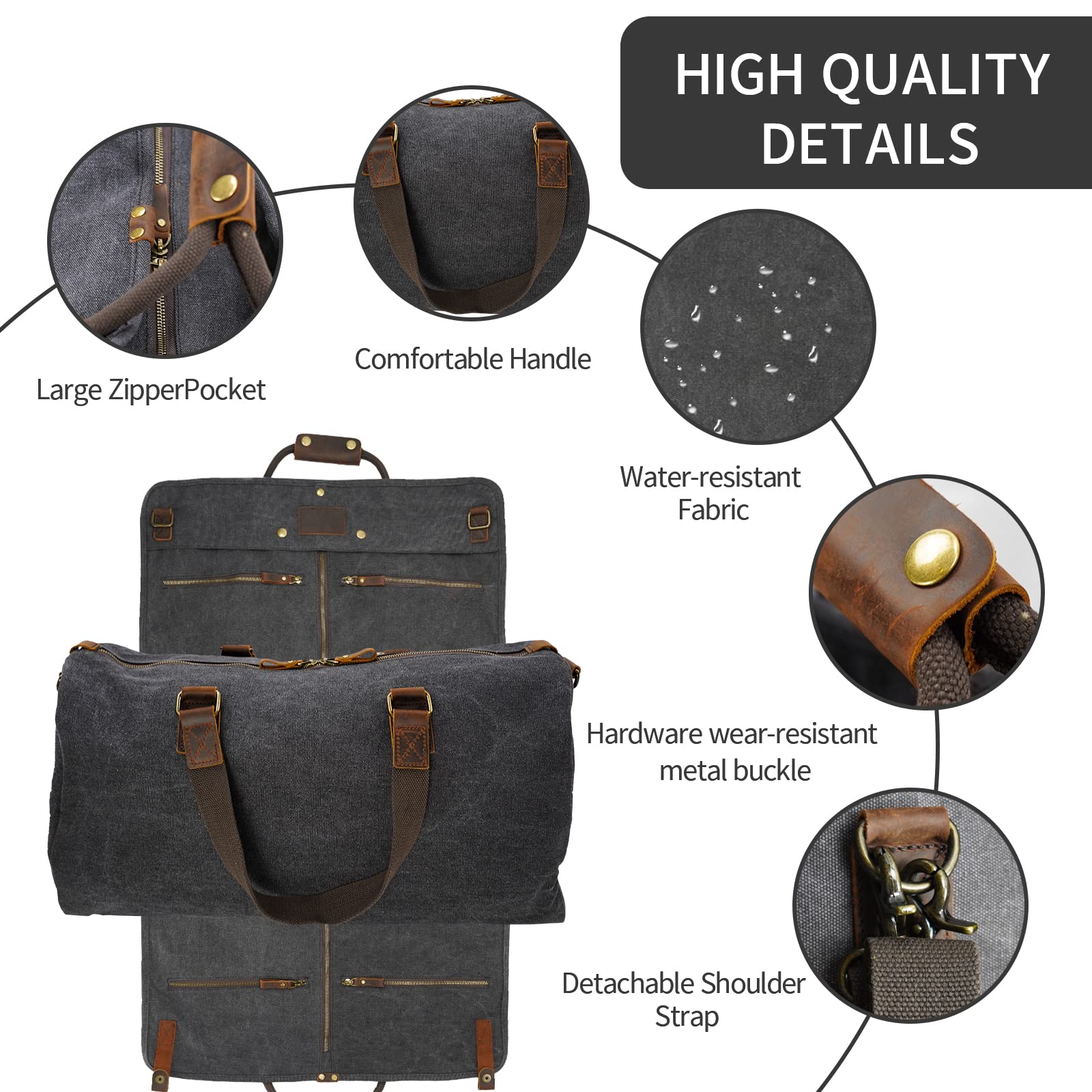 2 in 1 Canvas Leather Suit Luggage Garment Bag with Adjustable Shoulder Strap - Durable Travel & Business Carry-On for Men & Women (Black) - Perfect for Airplane, Office & Formal Events