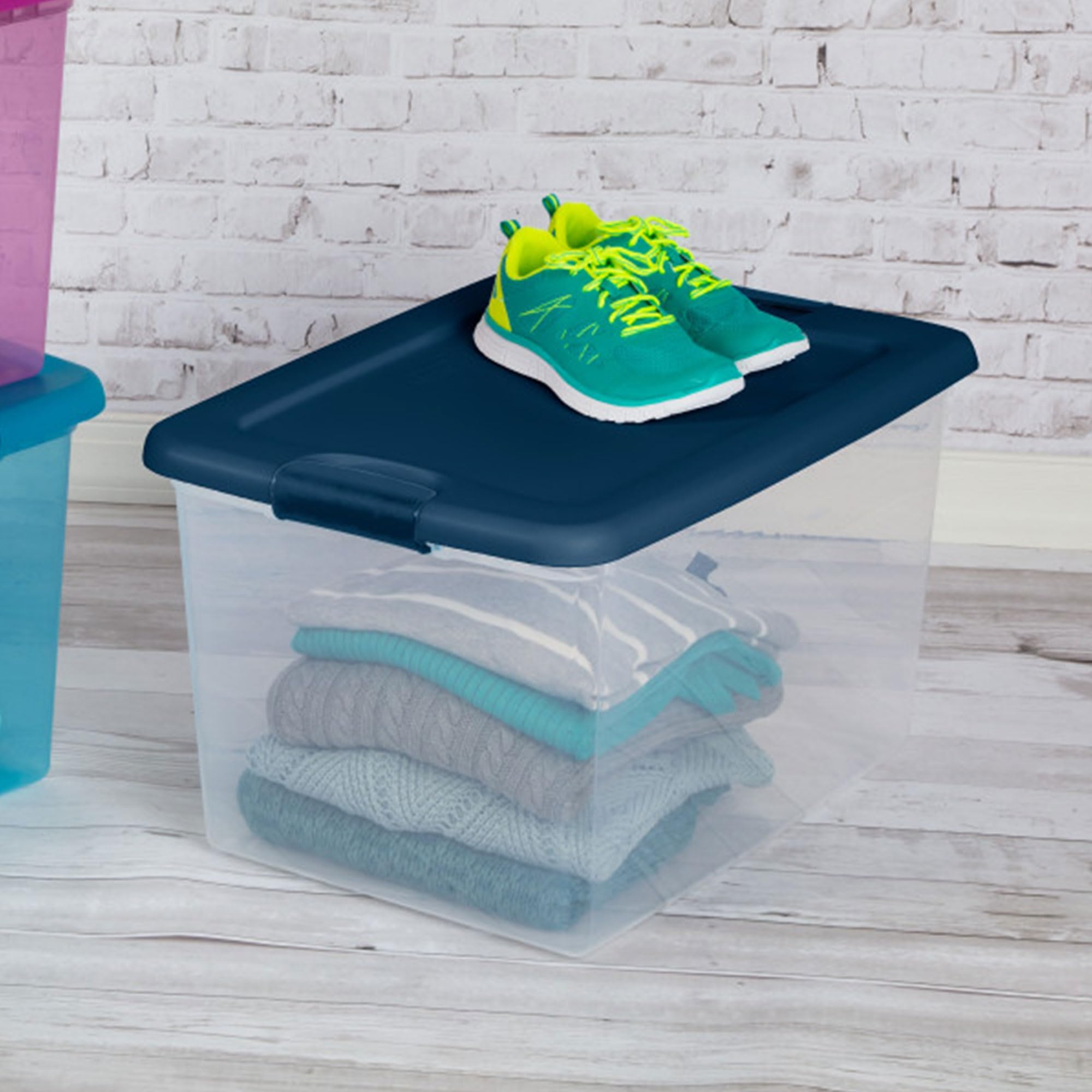 Sterilite 18-Pack 64 Qt Clear Plastic Storage Bins with Lids - Large Stackable Organizing Containers for Home, Office & Closet Organization - Blue