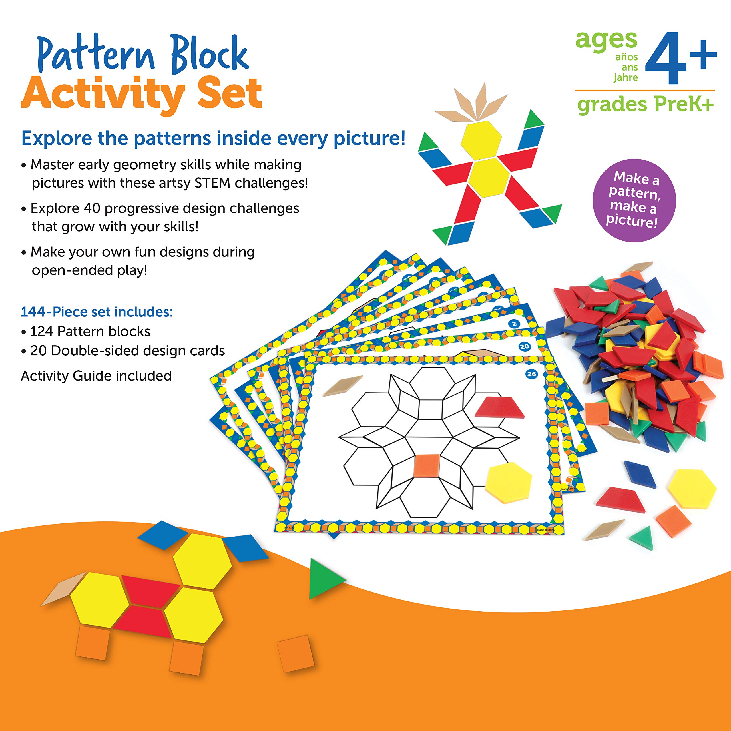 Learning Resources Pattern Block Activity Set - 20 Double-Sided Cards for Early Math Skills, Shape Recognition & Creative Play - STEM Educational Toys for Kids Ages 4+ - Perfect for Homeschool & Classroom Learning Activities