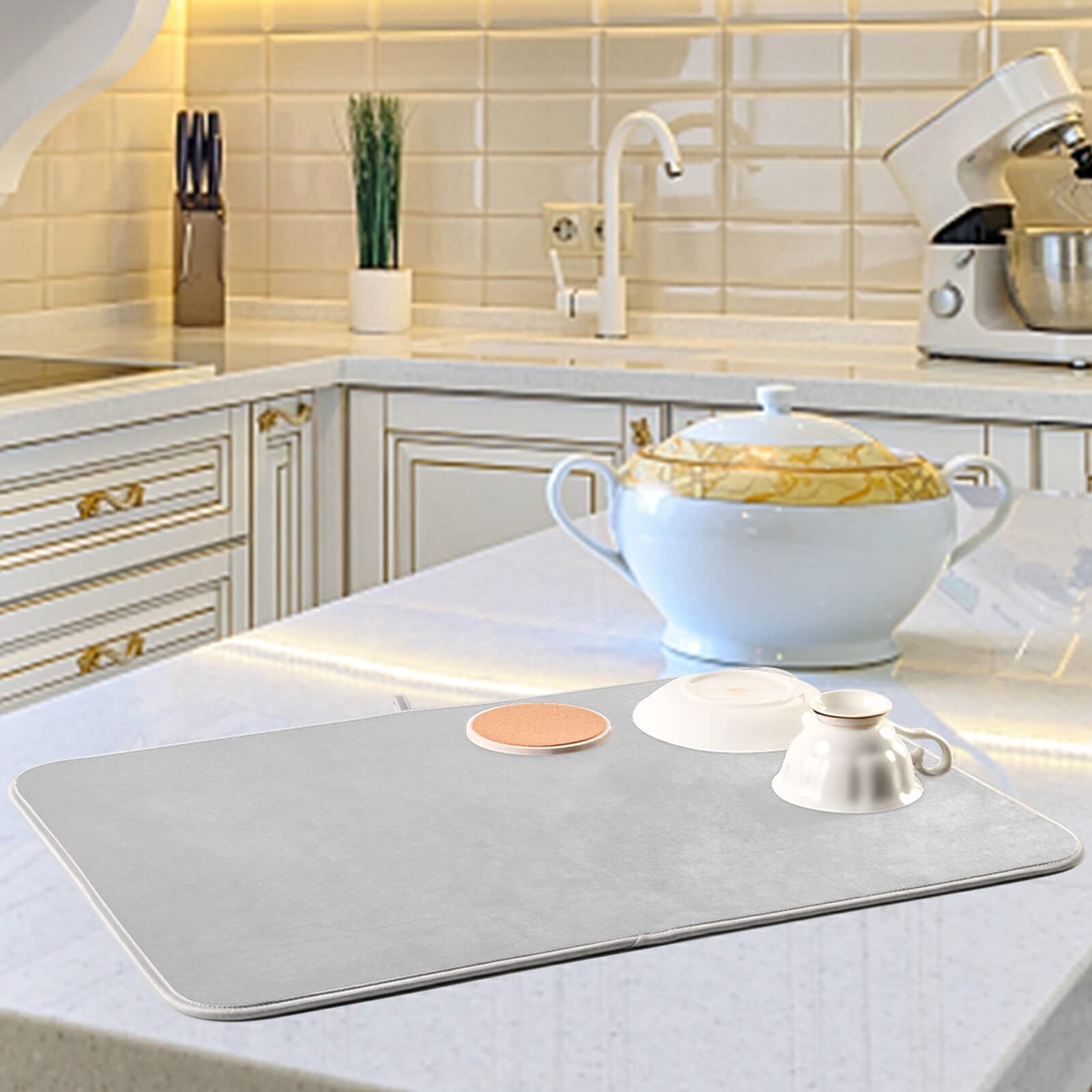 **XL Silver Microfiber Dish Drying Mat - Heat Resistant Kitchen Counter Accessory (16x18 Inch) for Dishes, Utensils & Cookware - Perfect for Sink Side, Countertop & Dish Rack Organization**