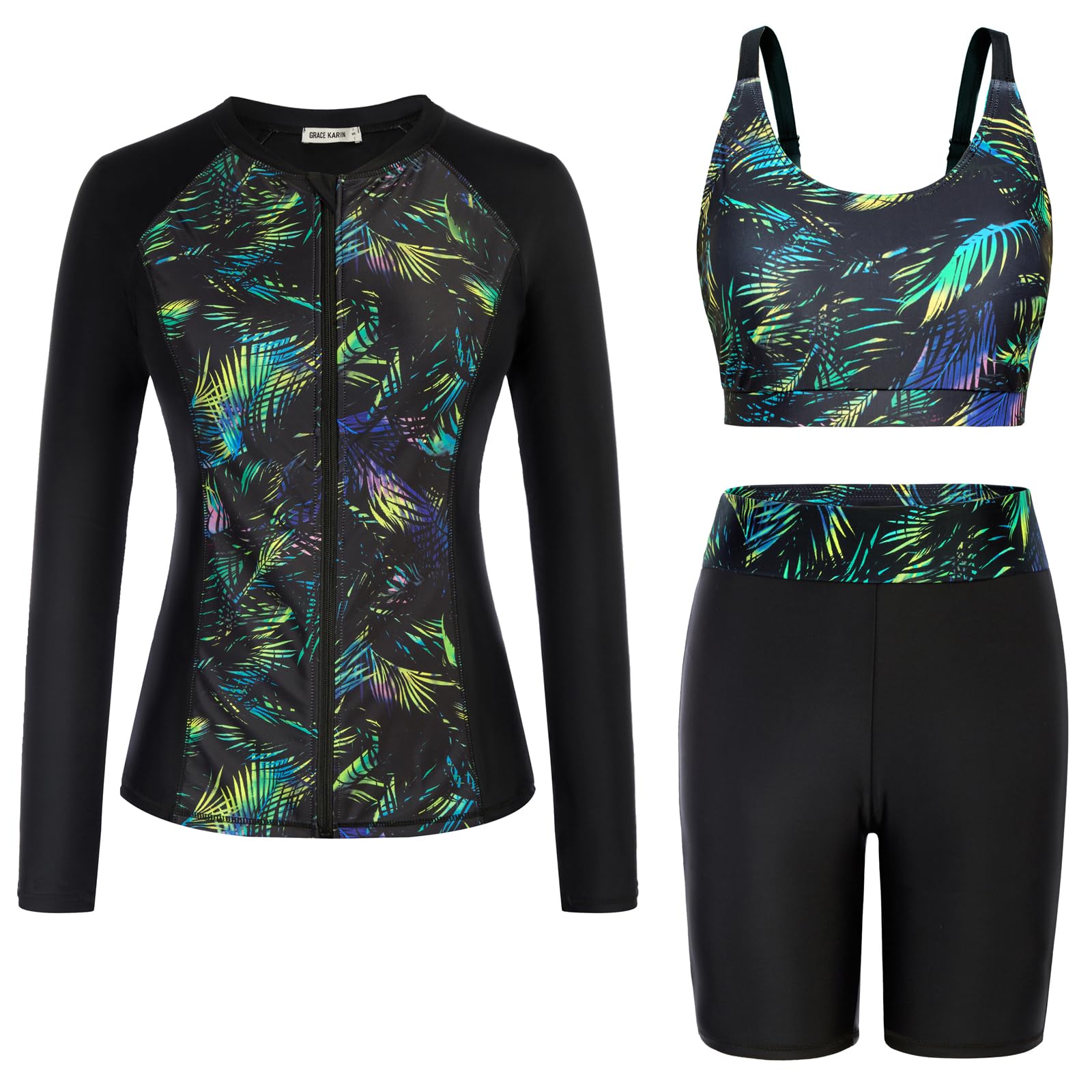 GRACE KARIN Women's 3 Piece Rash Guard Swimsuit Set with Built-in Bra, Long Sleeve UV Protection Zip Up Swim Top - Perfect for Surfing, Swimming & Beach Activities