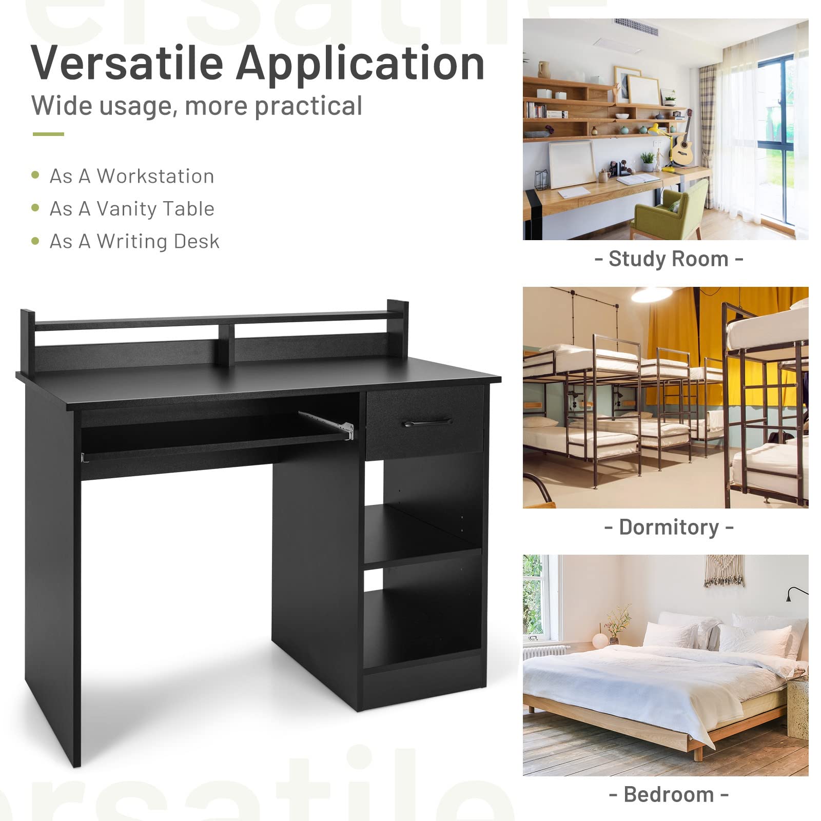 GORELAX Wooden Computer Desk with Hutch - Sturdy PC Gaming Desk with Drawers, Open Shelves, Keyboard Tray & Monitor Stand - Compact Study Desk for Bedroom, Small Home Office & Dorm Room (Black) - Perfect for Gamers, Students & Remote Workers in Small Spaces
