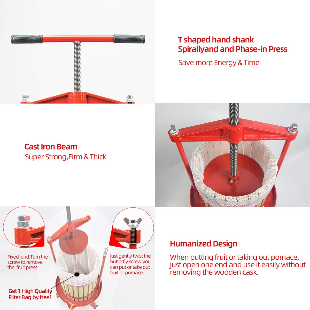 Premium Solid Wood Fruit Wine Press - 3.17 Gallon (12L) Apple Cider Crusher with T-Handle & Stand - Manual Juice Extractor for Grapes, Berries, Apples - Perfect for Home Brewing, Winemaking & DIY Cider Making
