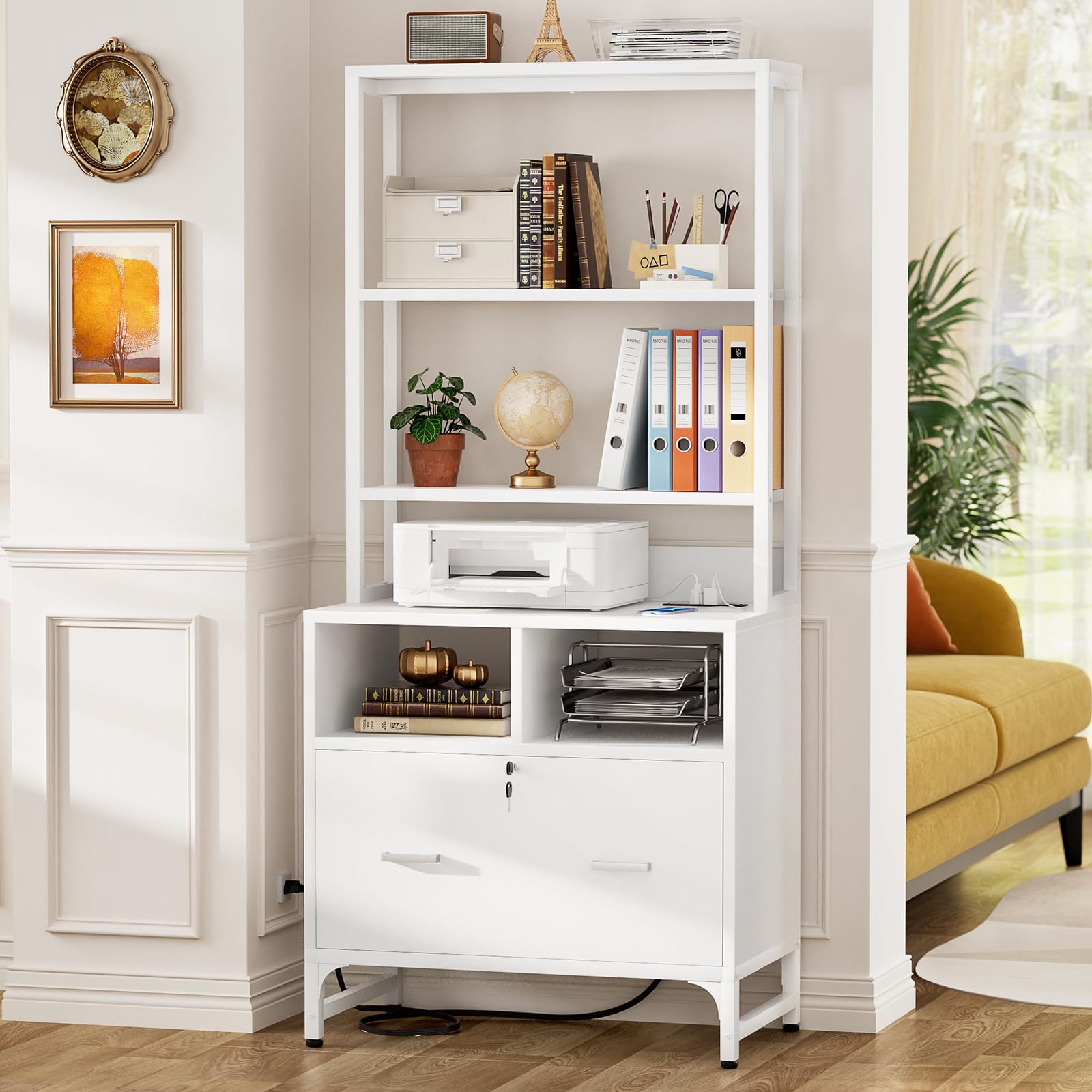 Homieasy File Cabinet with USB Charging Station - Lockable Vertical Filing Cabinet with Large Drawer & Storage Shelves - Office Printer Stand Organizer for Letter/A4/Legal Size Documents - Perfect for Home Office Organization & Workspace Storage (White)