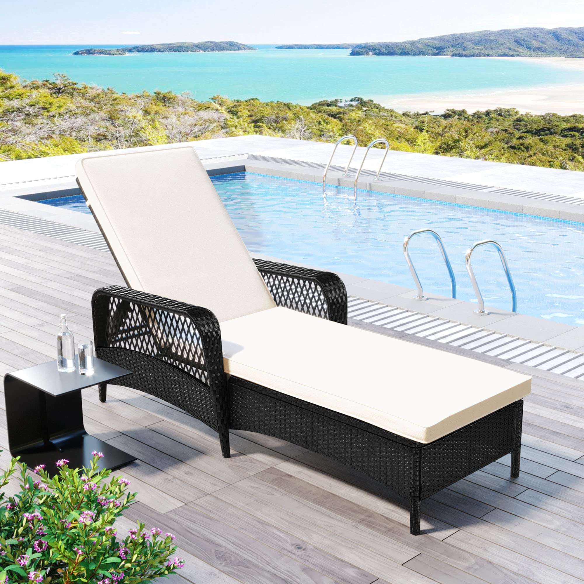 Premium Adjustable PE Rattan Wicker Pool Chaise Lounge Set with Cushion - Reclining Sun Lounger for Beach, Poolside & Patio Relaxation (1 Set) - Perfect for Outdoor Sunbathing, Vacation Resorts & Backyard Lounging