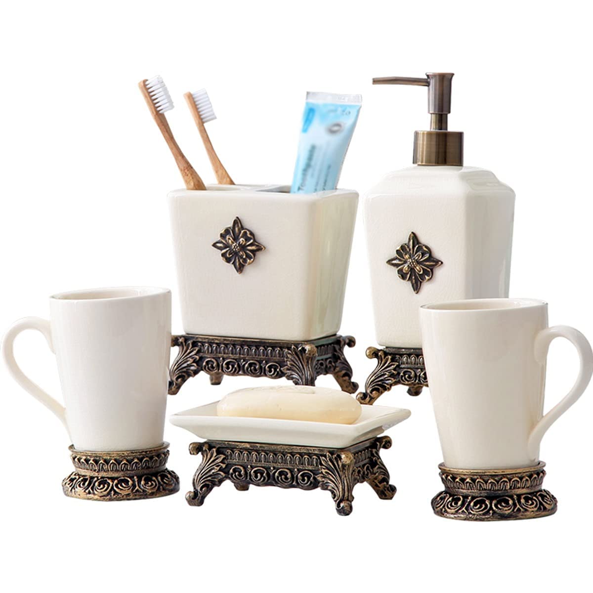 Premium 5-Piece Ceramic Bathroom Accessories Set - Soap Dispenser, Toothbrush Holder, Soap Dish & 2 Cups | Modern Home Decor for Bathroom Organization & Stylish Ware Display