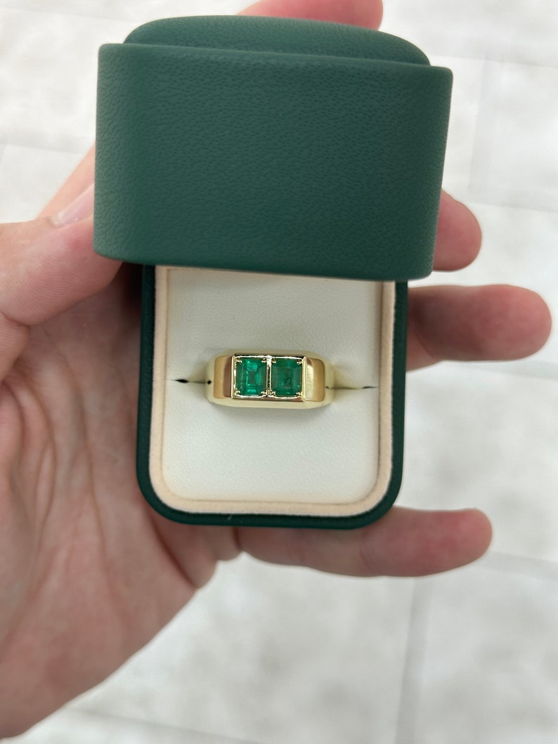 2.03 TCW Double Emerald Duo Chunky Men's Unisex Bezel Ring in 14K Gold - Perfect for Weddings, Anniversaries & Luxury Gifts