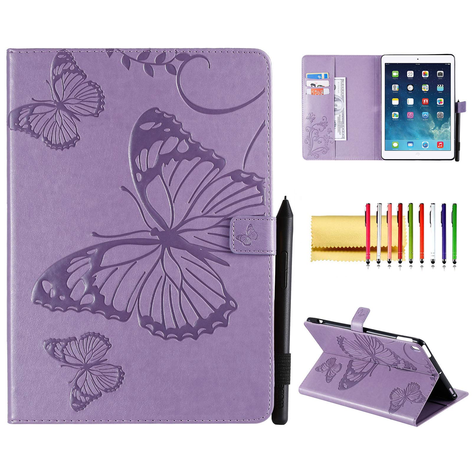 Techcircle Magnetic Leather Folio Case for iPad 10.2 (9th/8th/7th Gen) & iPad Air 10.5 - Purple Butterfly Embossed Wallet Stand Cover with Auto Sleep/Wake | Perfect for Work, Travel & Home Use
