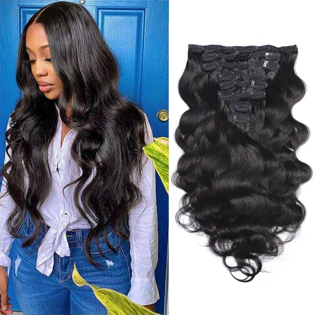 10A Grade Unprocessed 16 Inch Human Hair Clip In Extensions - Body Wave Soft Silky Natural Black 1b# for Black Women (8Pcs 18 Clips) | Perfect for Daily Styling, Parties & Special Occasions